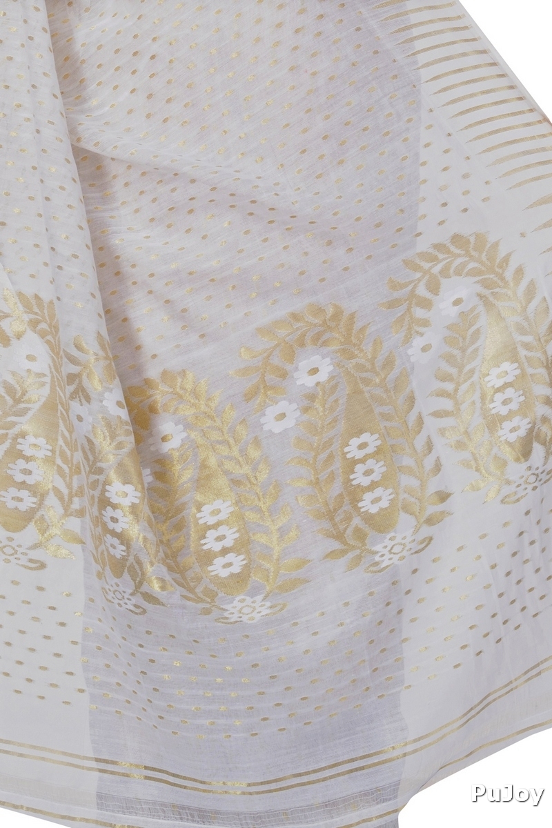 White Blended Cotton New HALF  JAMDINE Jamdani Saree (4108)