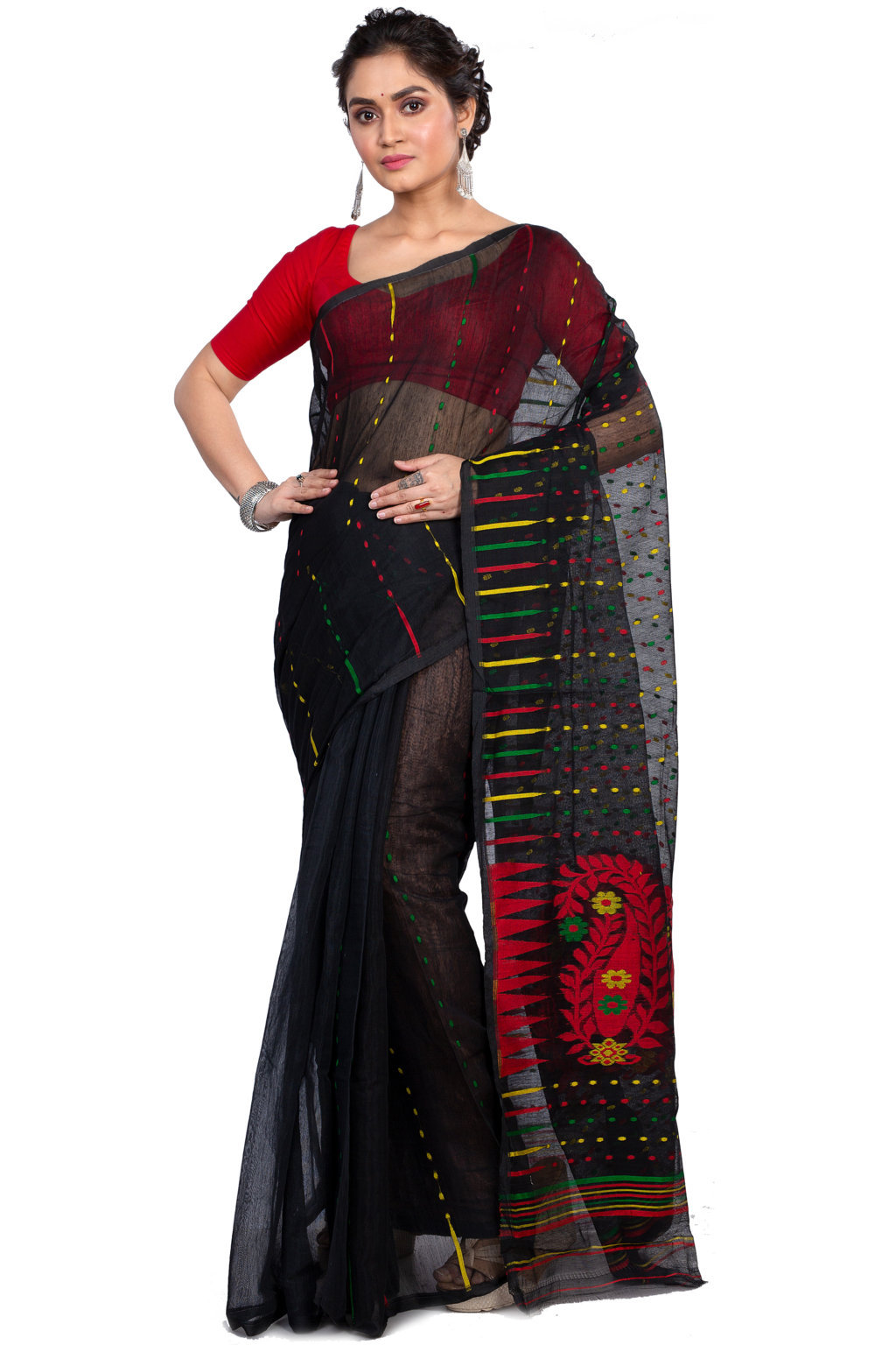 Black Blended Cotton New HALF  JAMDINE Jamdani Saree (4110)