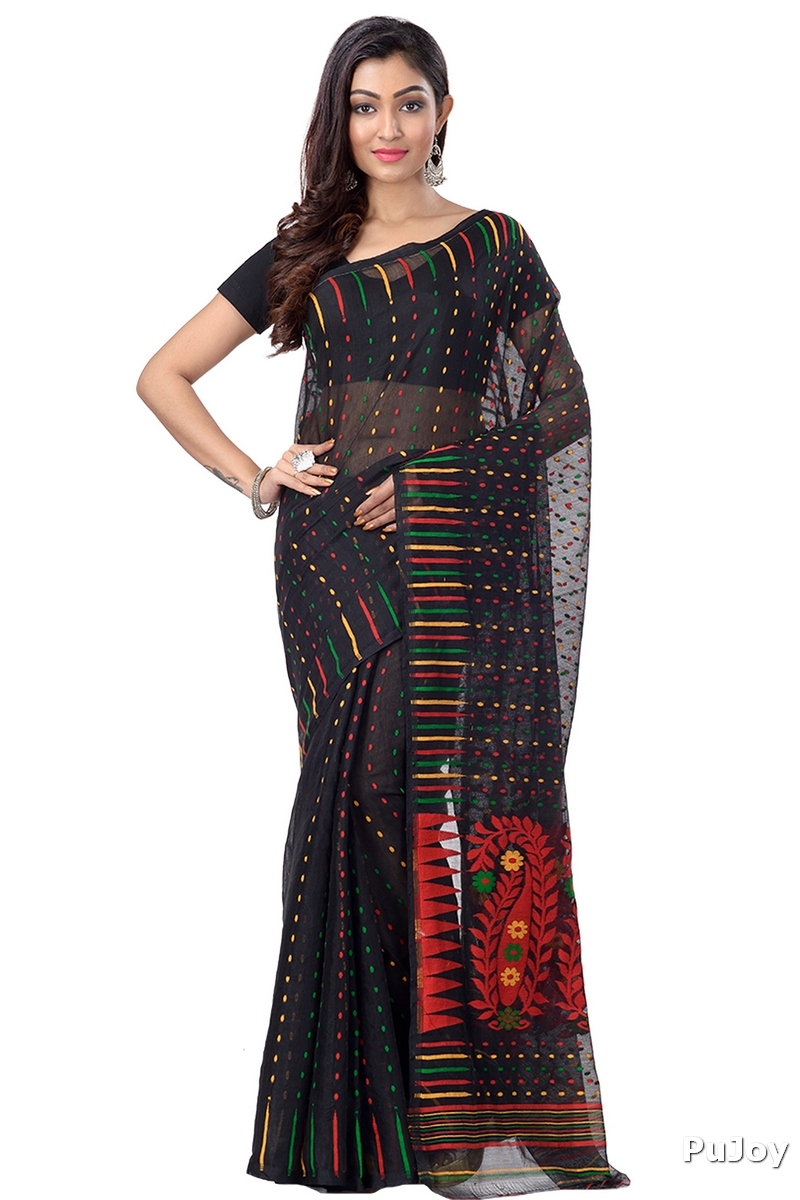 Black Blended Cotton New HALF  JAMDINE Jamdani Saree (4110)