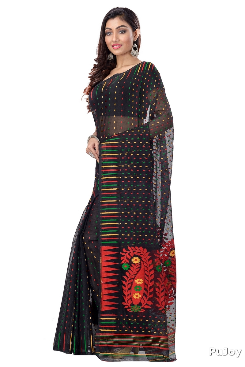 Black Blended Cotton New HALF  JAMDINE Jamdani Saree (4110)