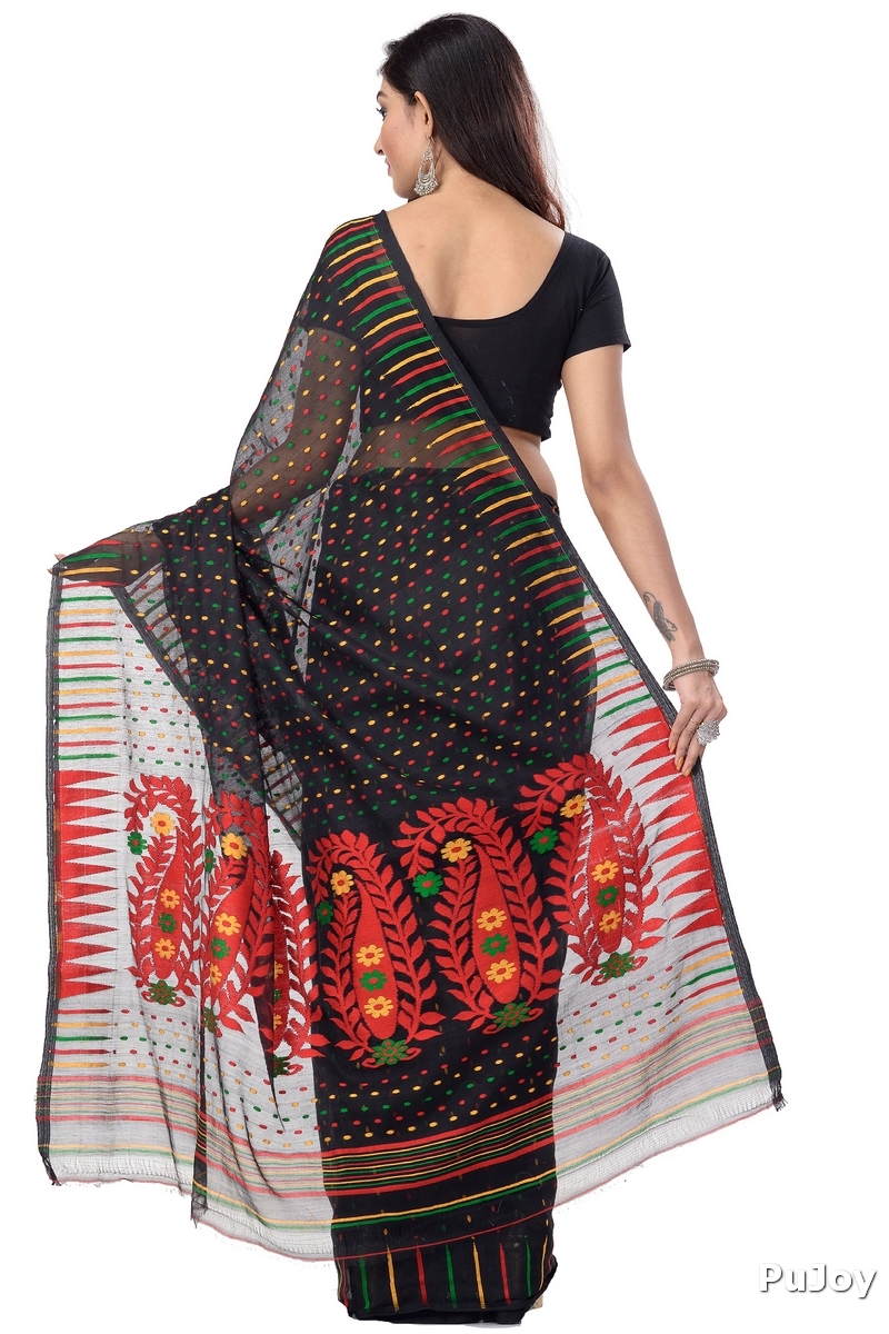 Black Blended Cotton New HALF  JAMDINE Jamdani Saree (4110)