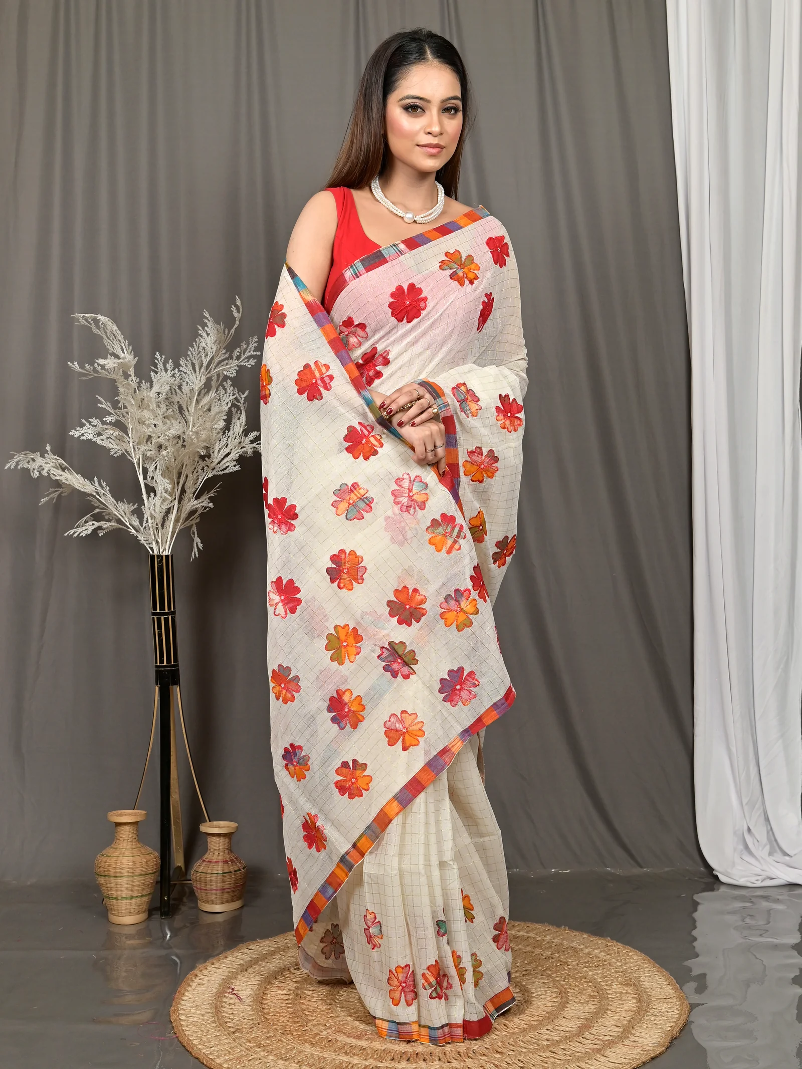 White Cotton Kotaplik Mix Kota Applique Saree  (42)