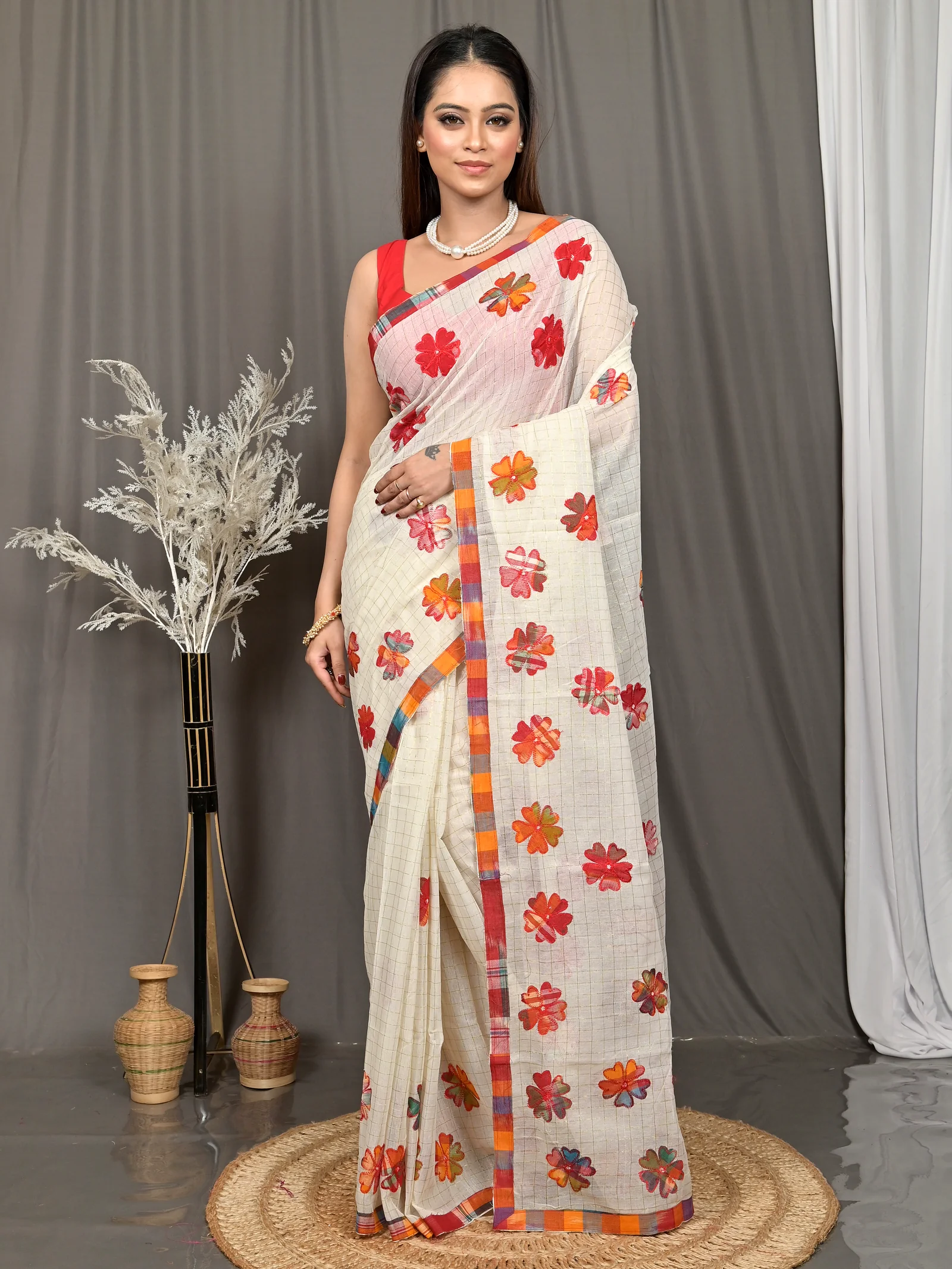 White Cotton Kotaplik Mix Kota Applique Saree  (42)