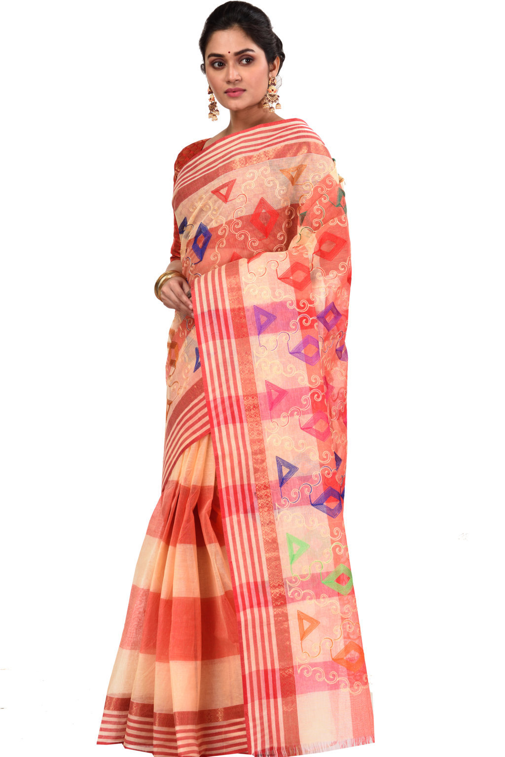 Red Pure Cotton Borfy Embo Tant Embroidery (422)