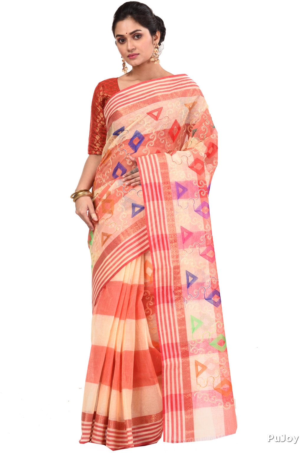 Red Pure Cotton Borfy Embo Tant Embroidery (422)