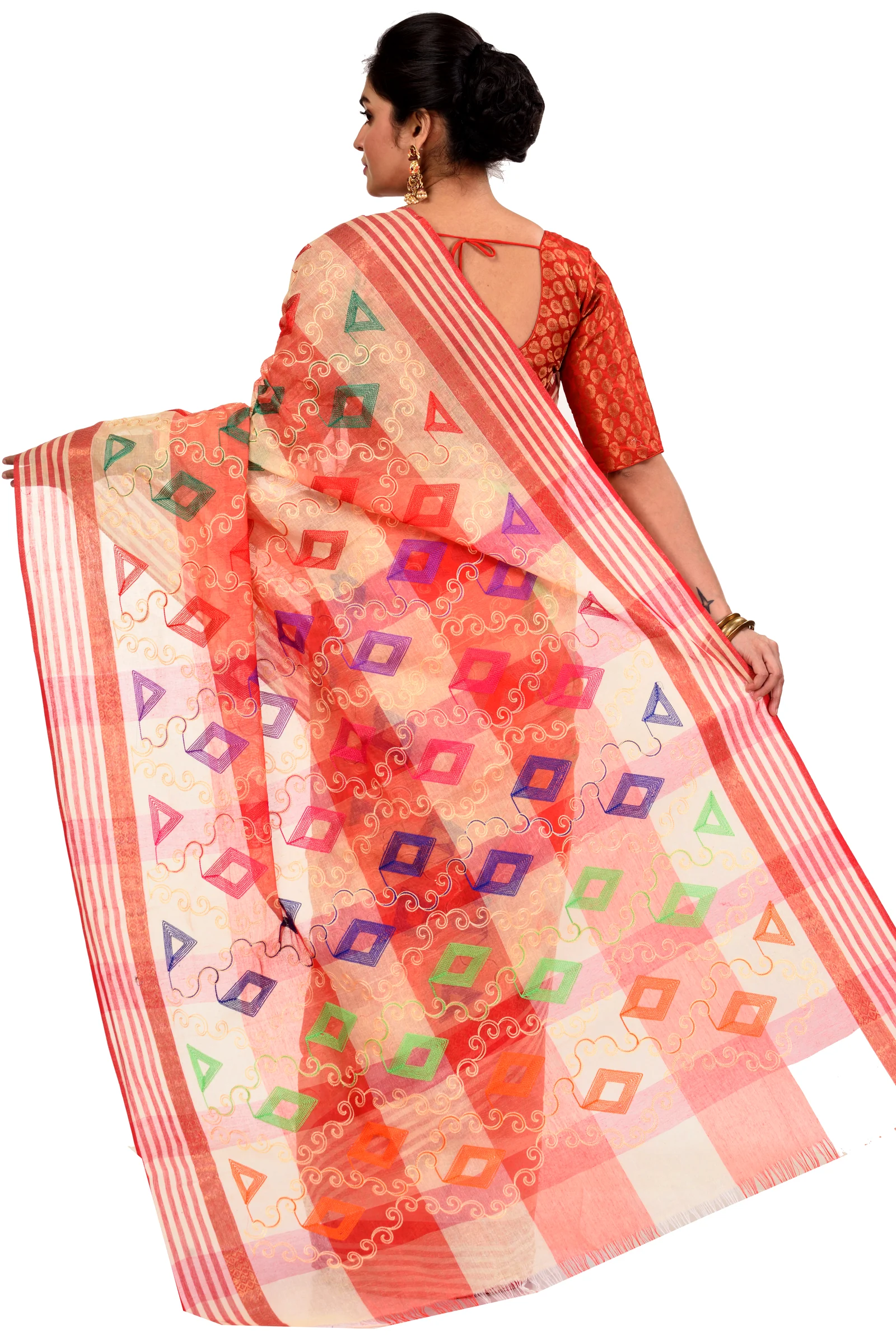Red Pure Cotton Borfy Embo Tant Embroidery (422)