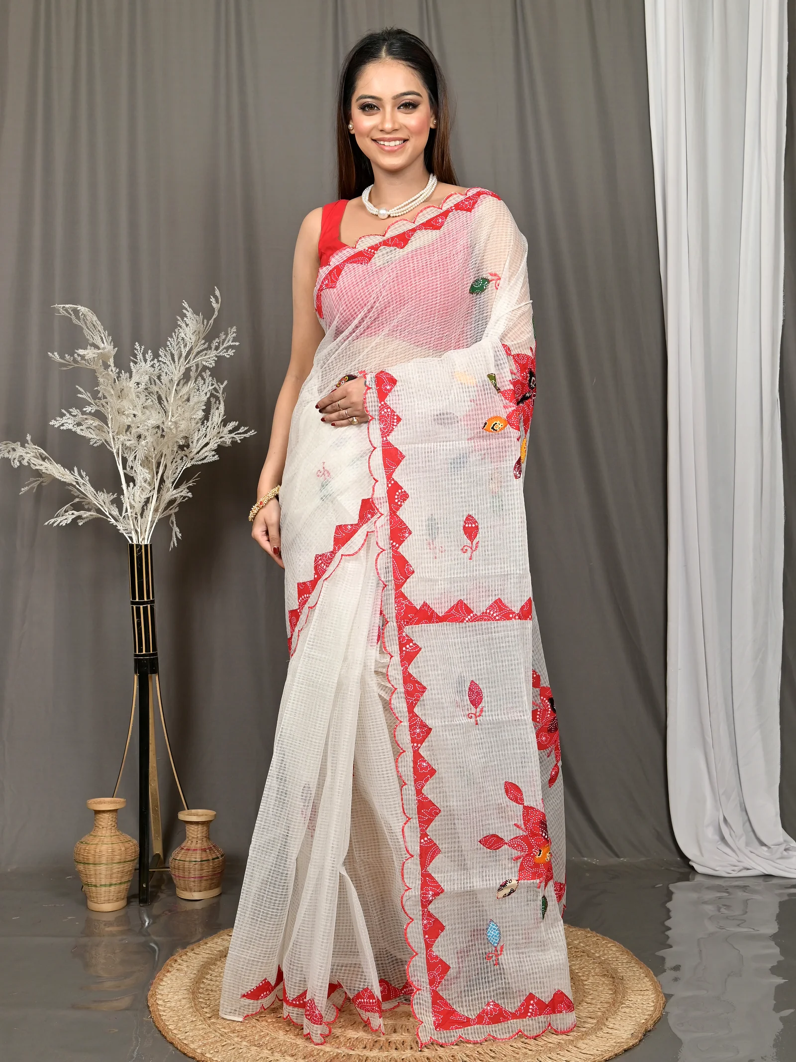 White Cotton Kotaplik Mix Kota Applique Saree  (43)