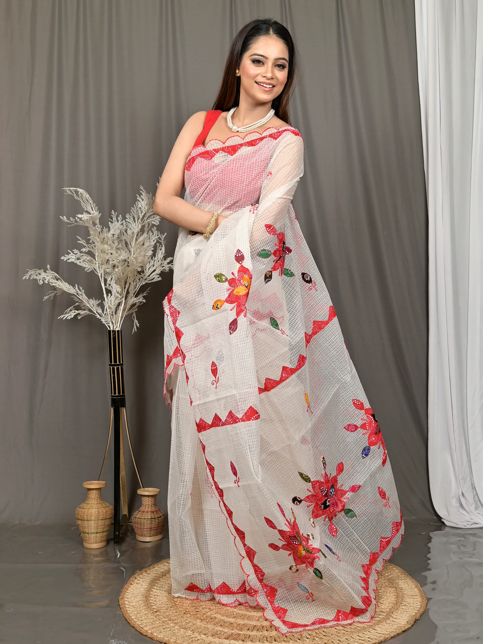 White Cotton Kotaplik Mix Kota Applique Saree  (43)