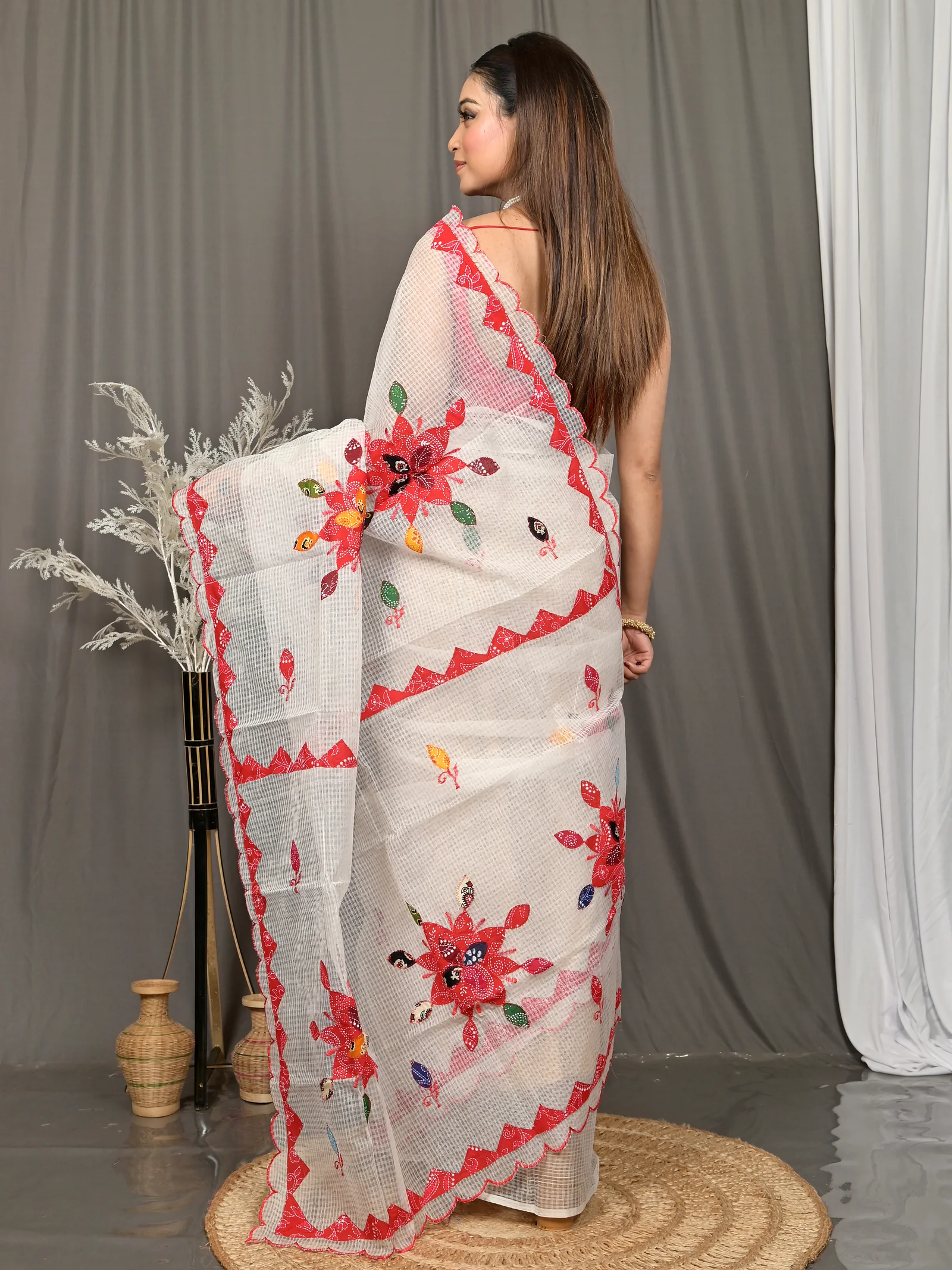 White Cotton Kotaplik Mix Kota Applique Saree  (43)