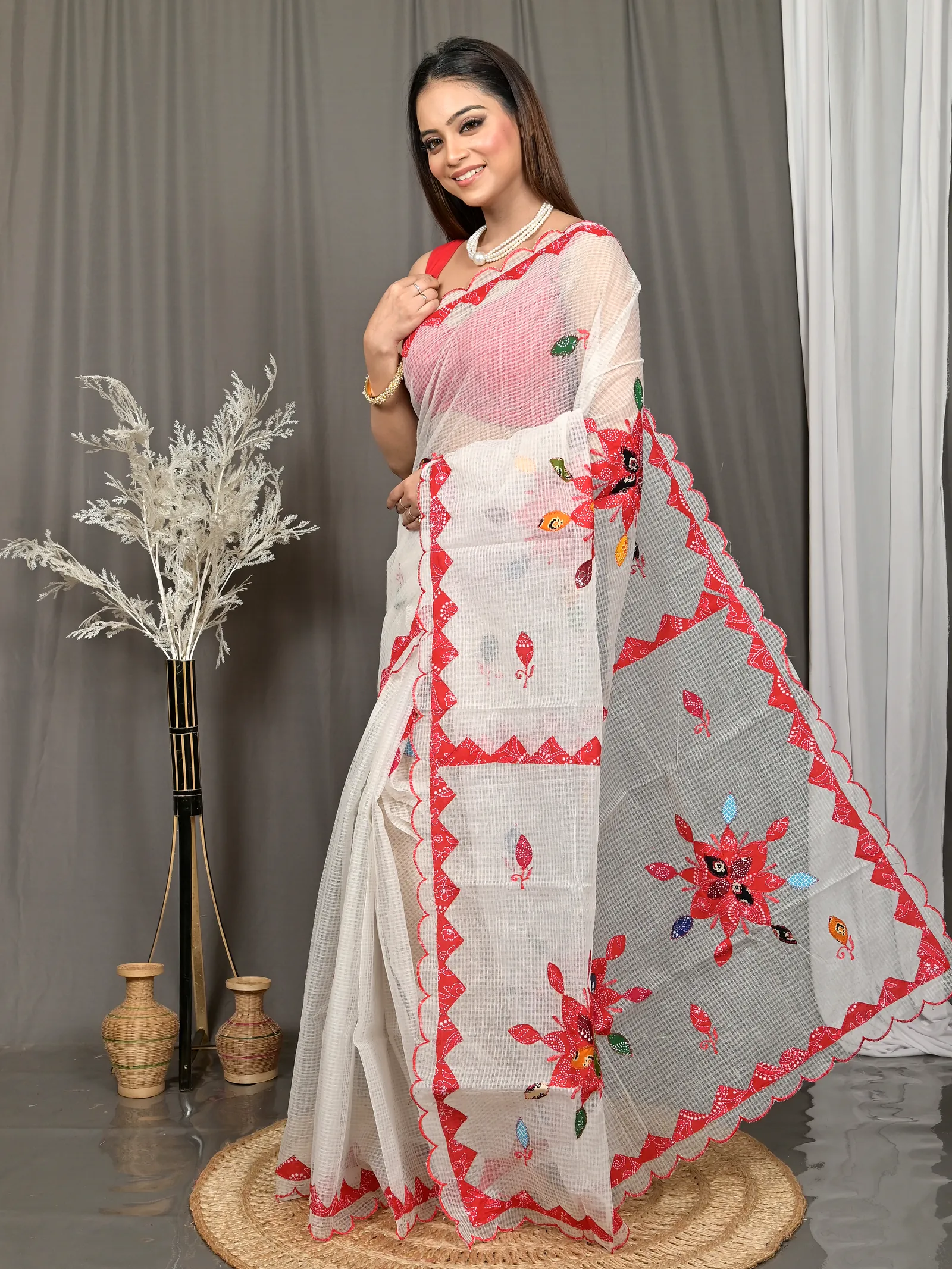White Cotton Kotaplik Mix Kota Applique Saree  (43)