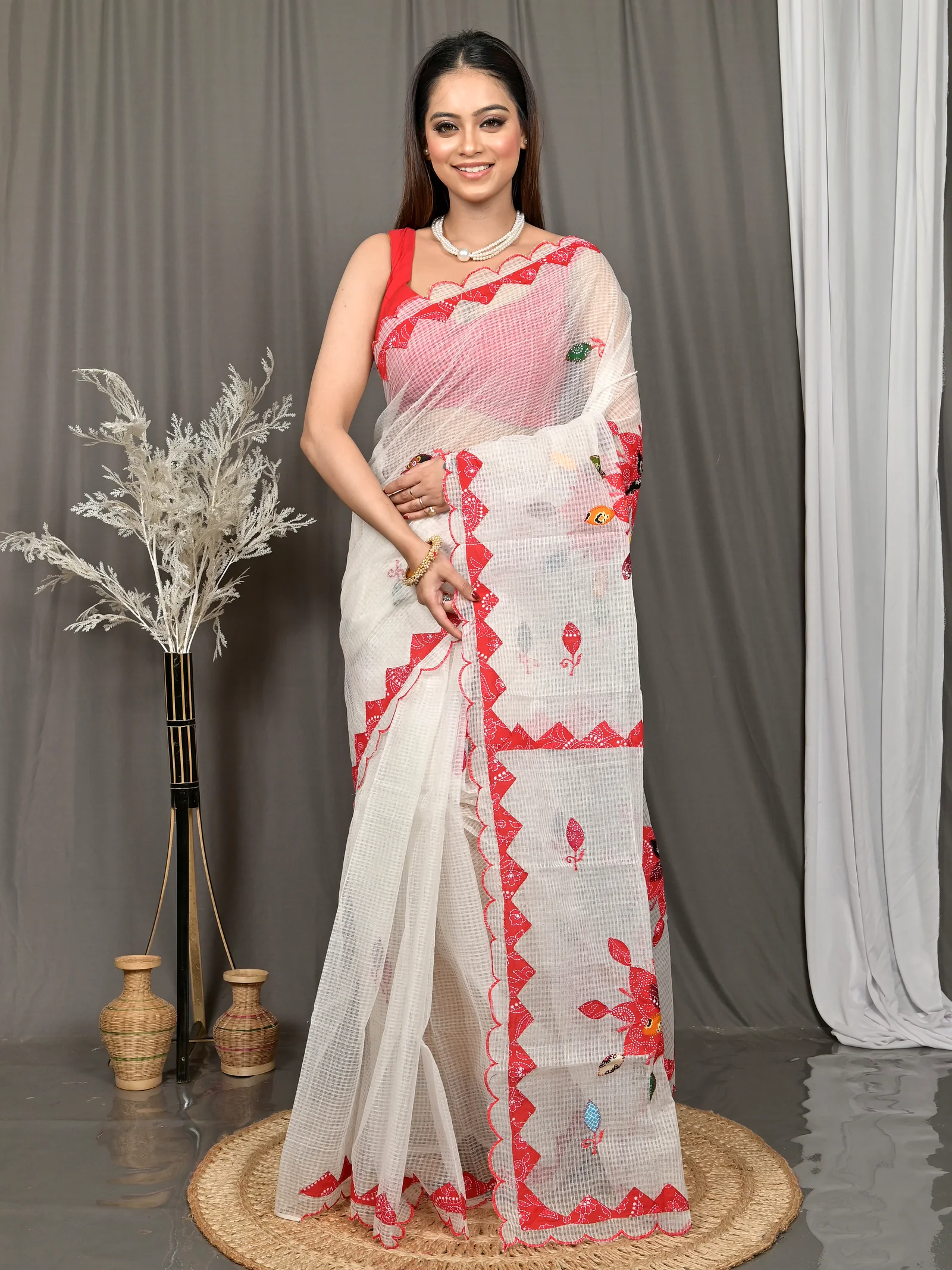 White Cotton Kotaplik Mix Kota Applique Saree  (43)