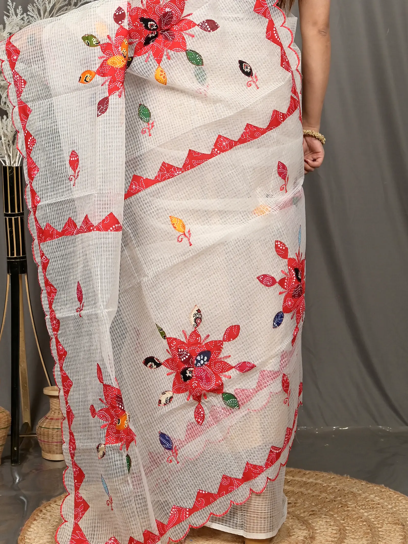 White Cotton Kotaplik Mix Kota Applique Saree  (43)