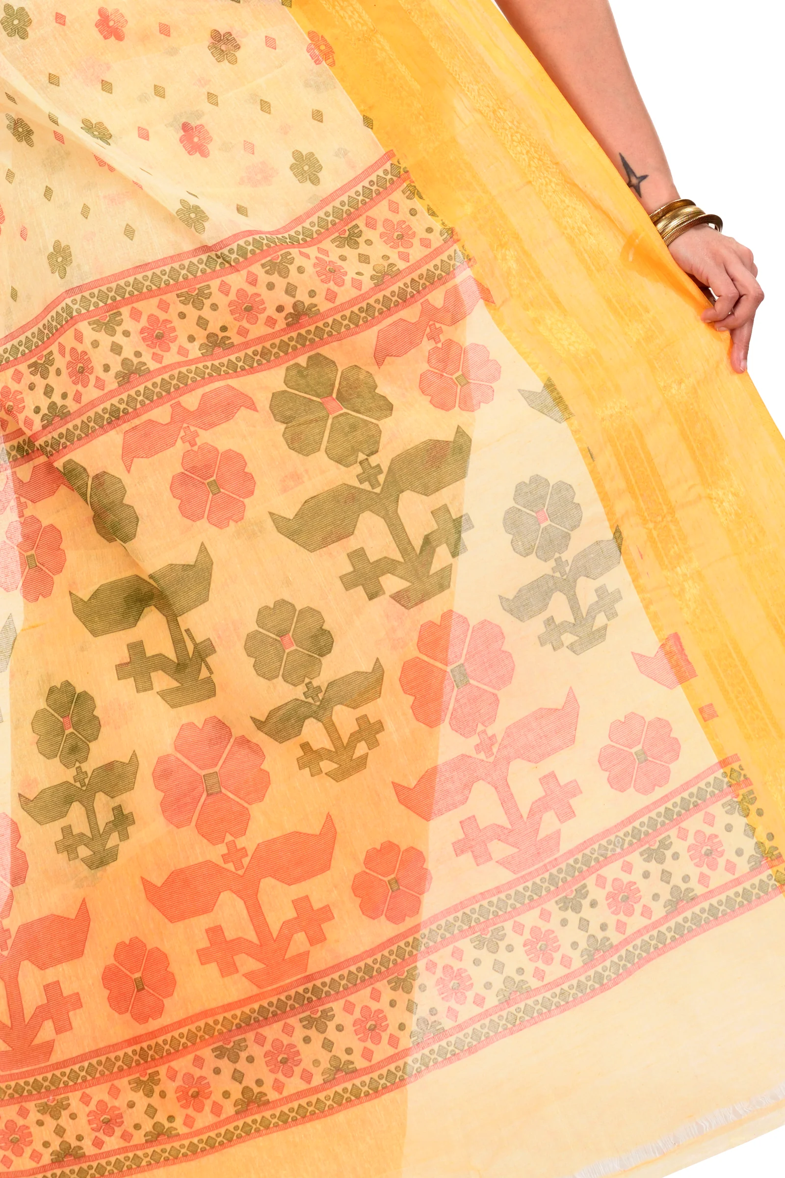 Yellow Pure Cotton FullBall Print Tant Saree Print (430)