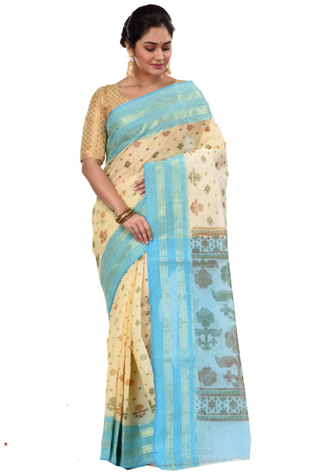 Sky Blue Pure Cotton FullBall Print Tant Saree Print (431)