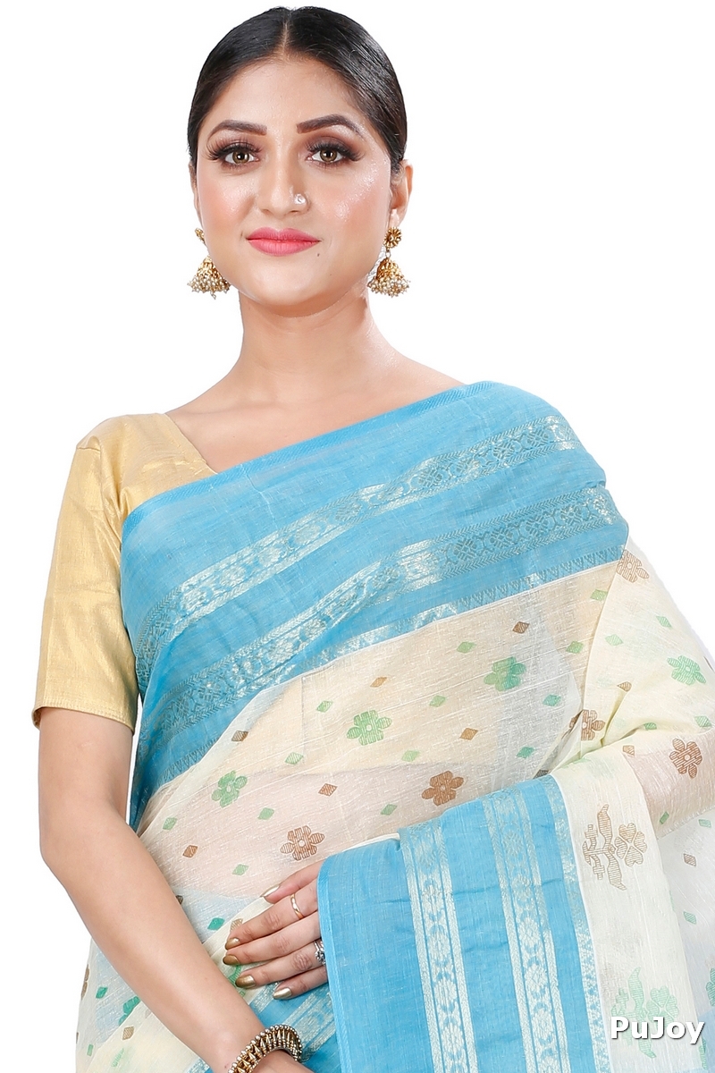 Sky Blue Pure Cotton FullBall Print Tant Saree Print (431)