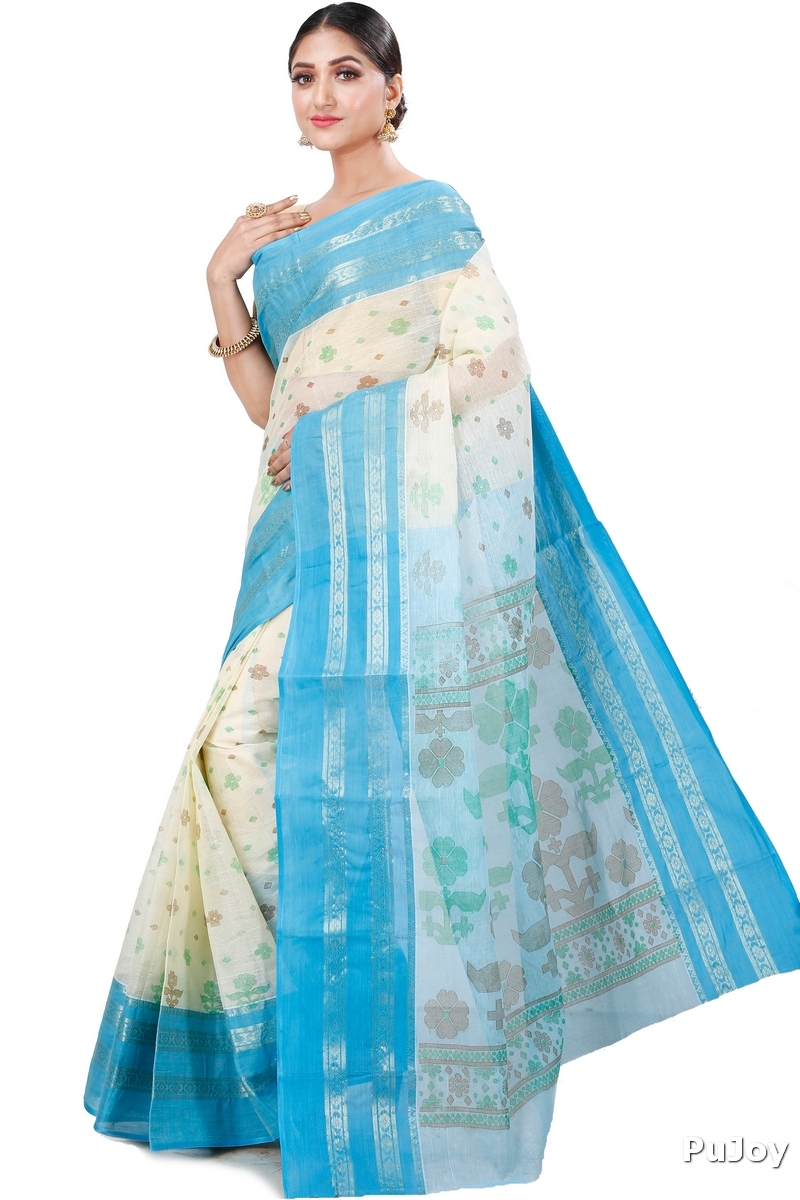 Sky Blue Pure Cotton FullBall Print Tant Saree Print (431)