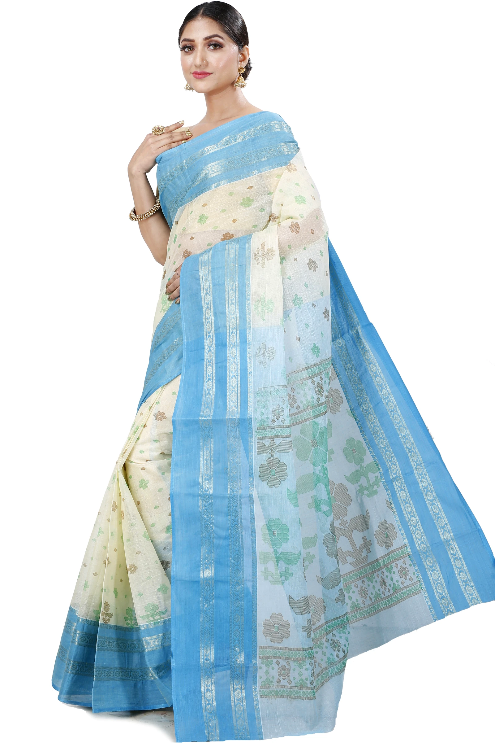 Sky Blue Pure Cotton FullBall Print Tant Saree Print (431)