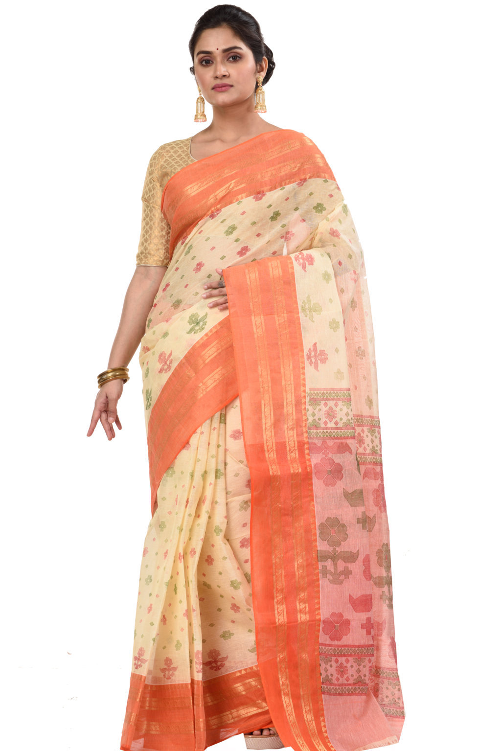 Orange Pure Cotton FullBall Print Tant Saree Print (432)