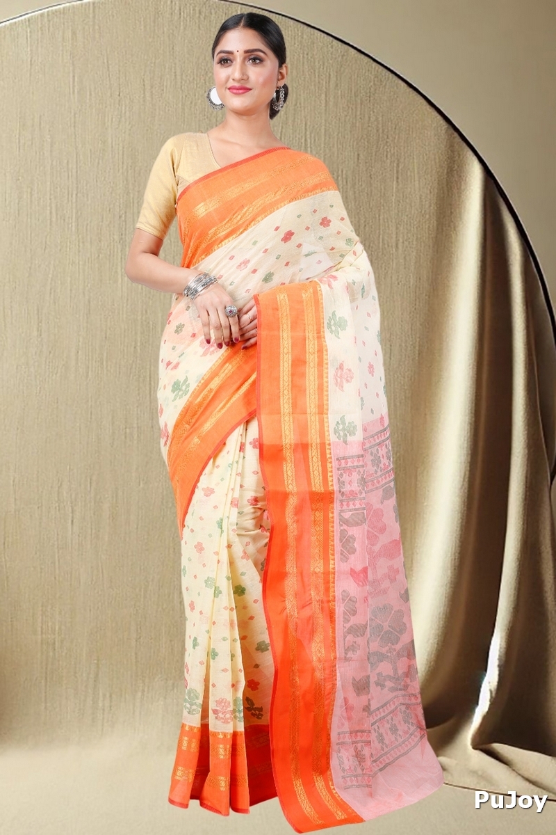 Orange Pure Cotton FullBall Print Tant Saree Print (432)