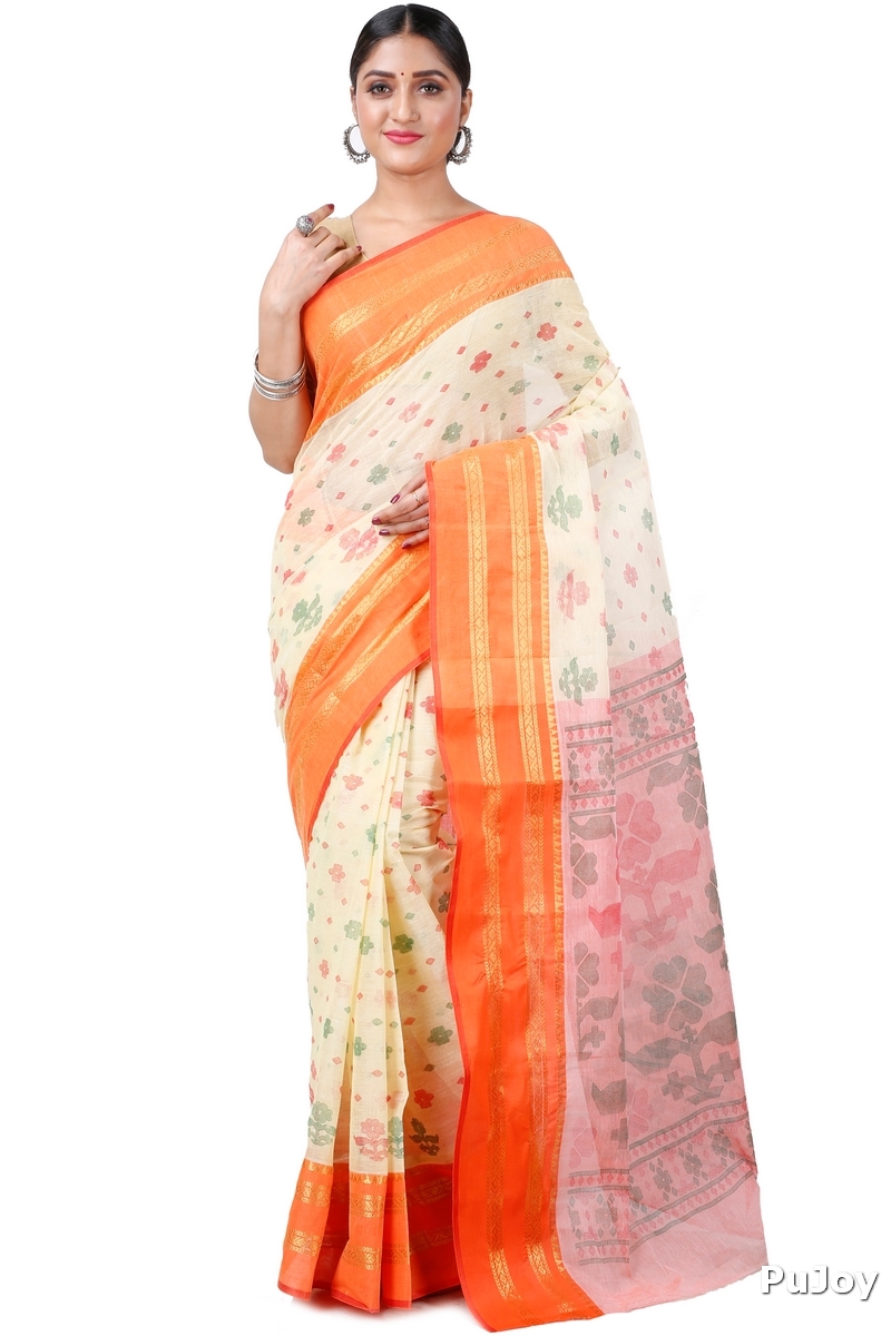 Orange Pure Cotton FullBall Print Tant Saree Print (432)