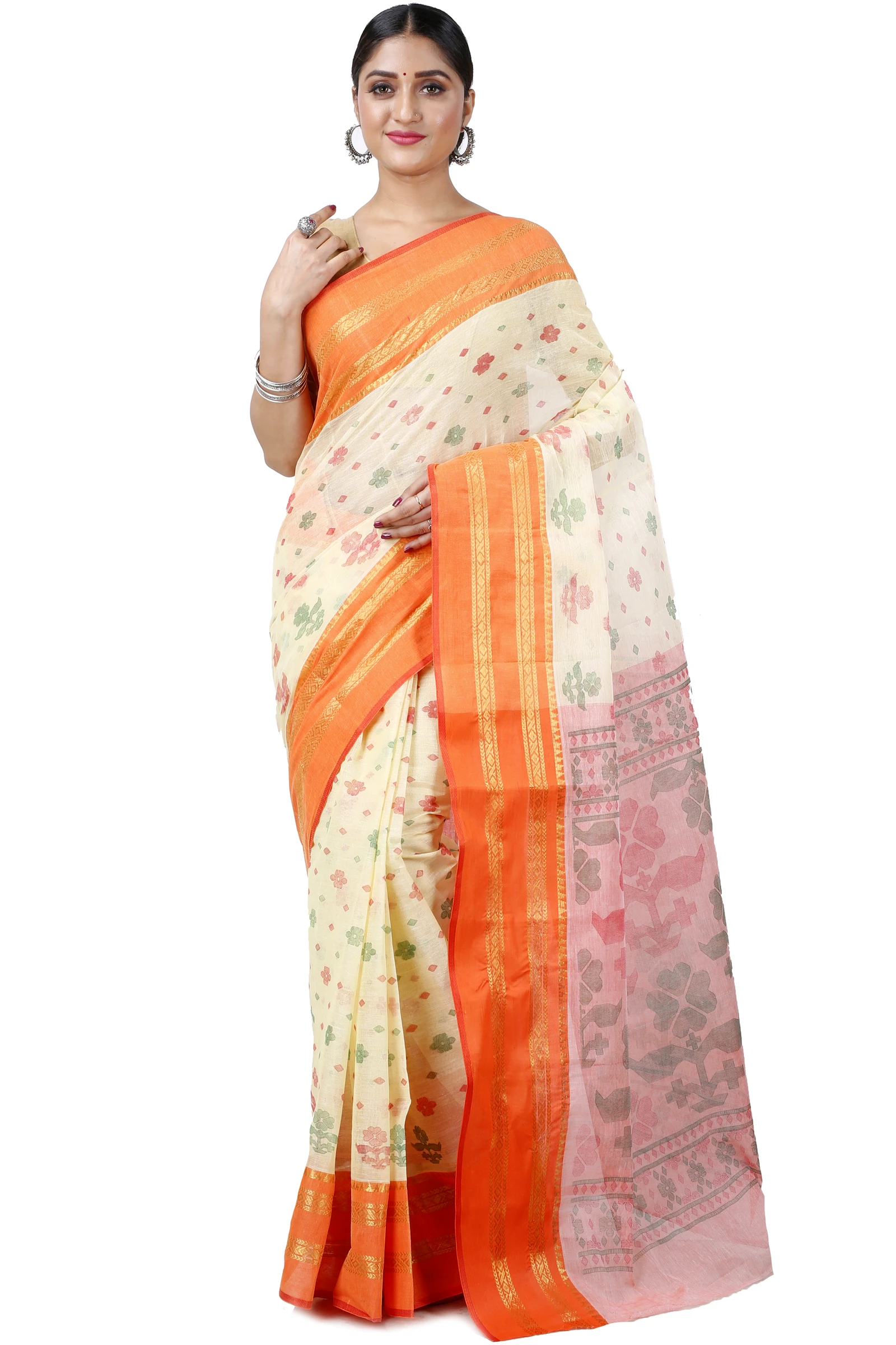 Orange Pure Cotton FullBall Print Tant Saree Print (432)