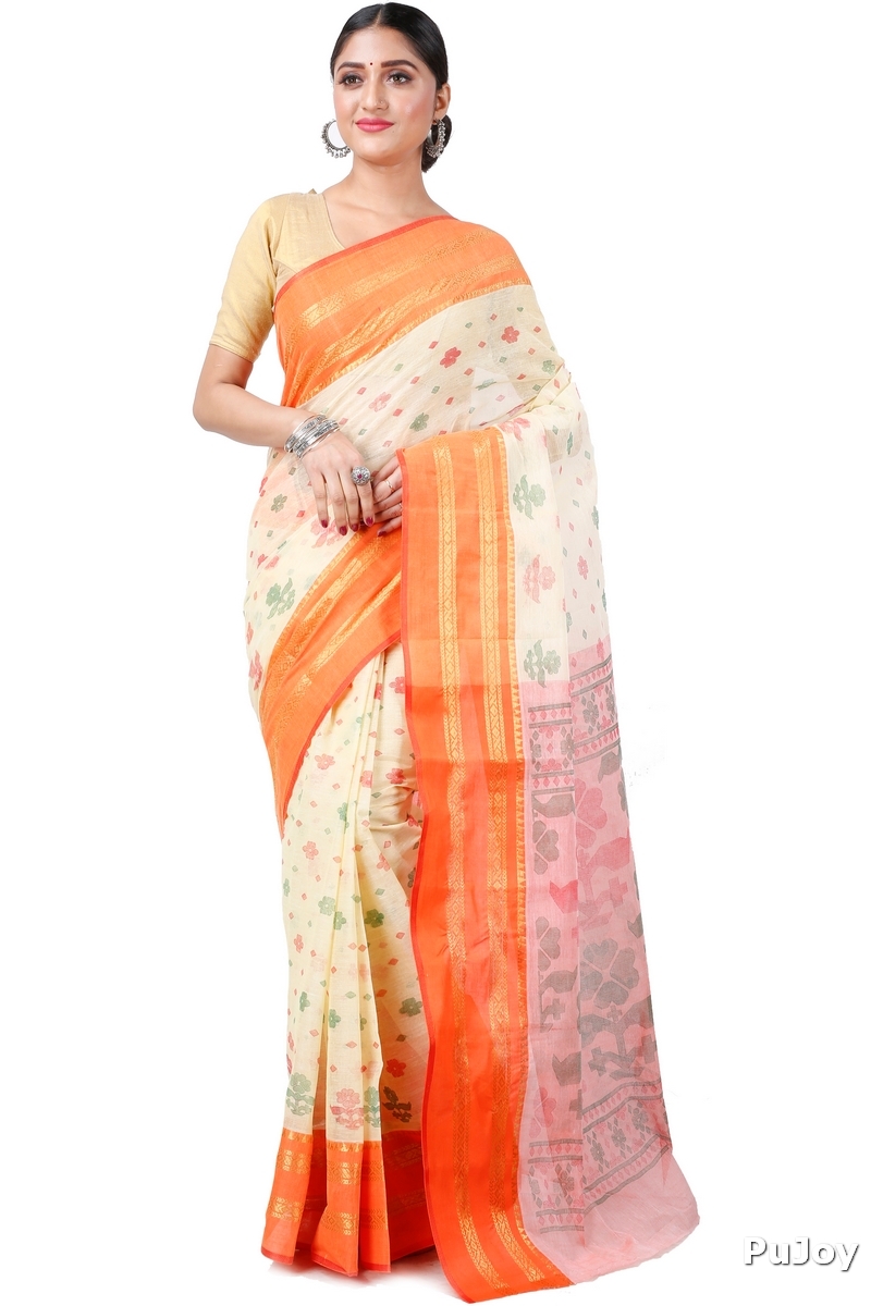 Orange Pure Cotton FullBall Print Tant Saree Print (432)