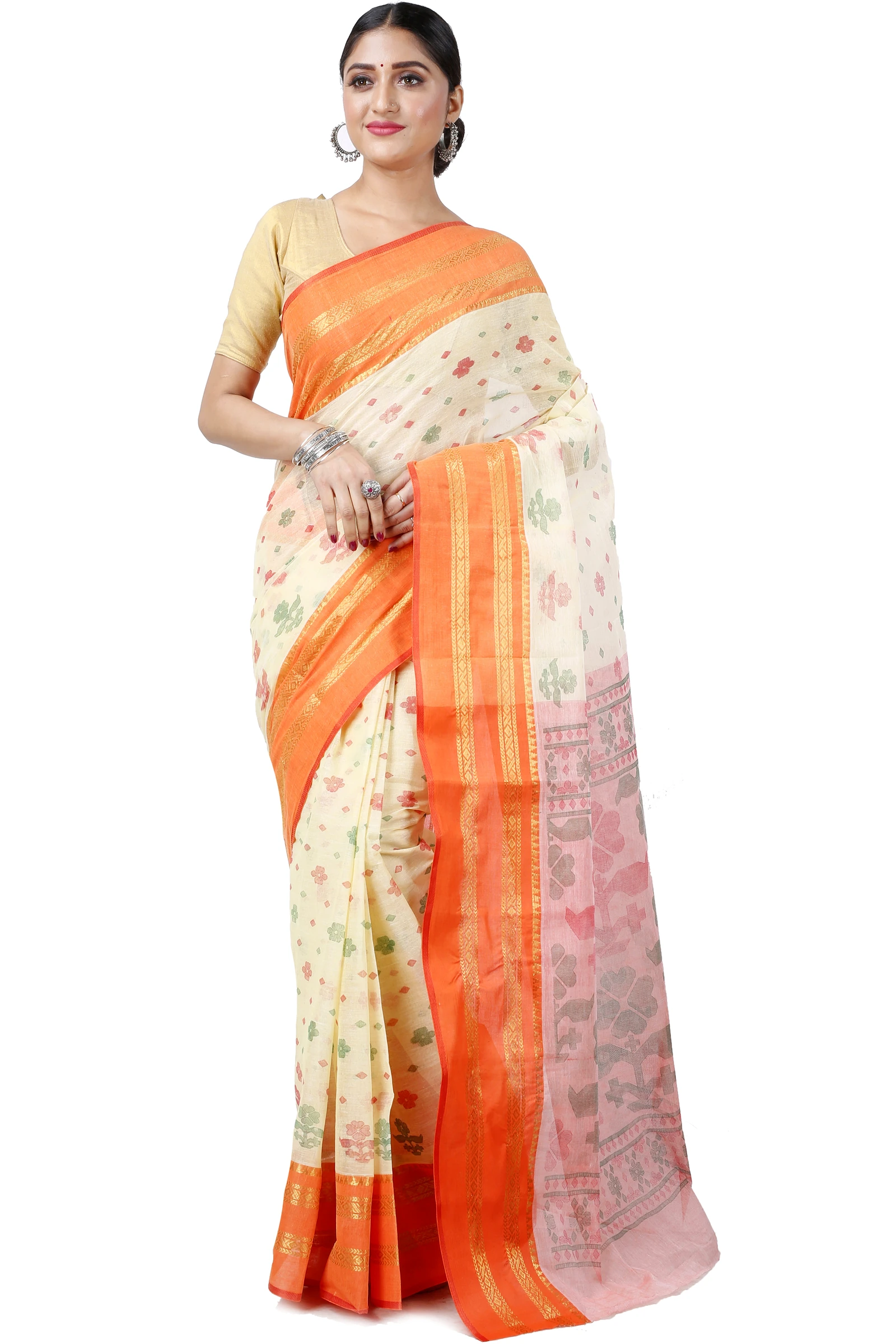 Orange Pure Cotton FullBall Print Tant Saree Print (432)