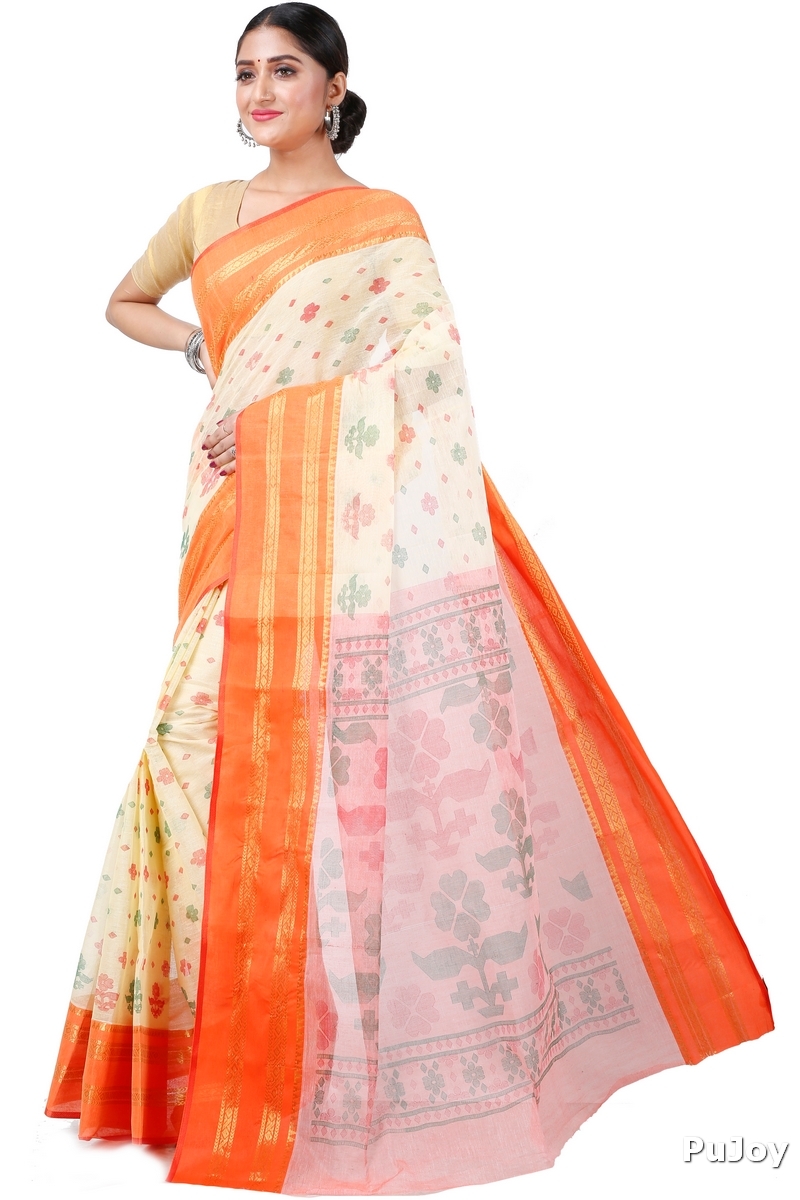 Orange Pure Cotton FullBall Print Tant Saree Print (432)