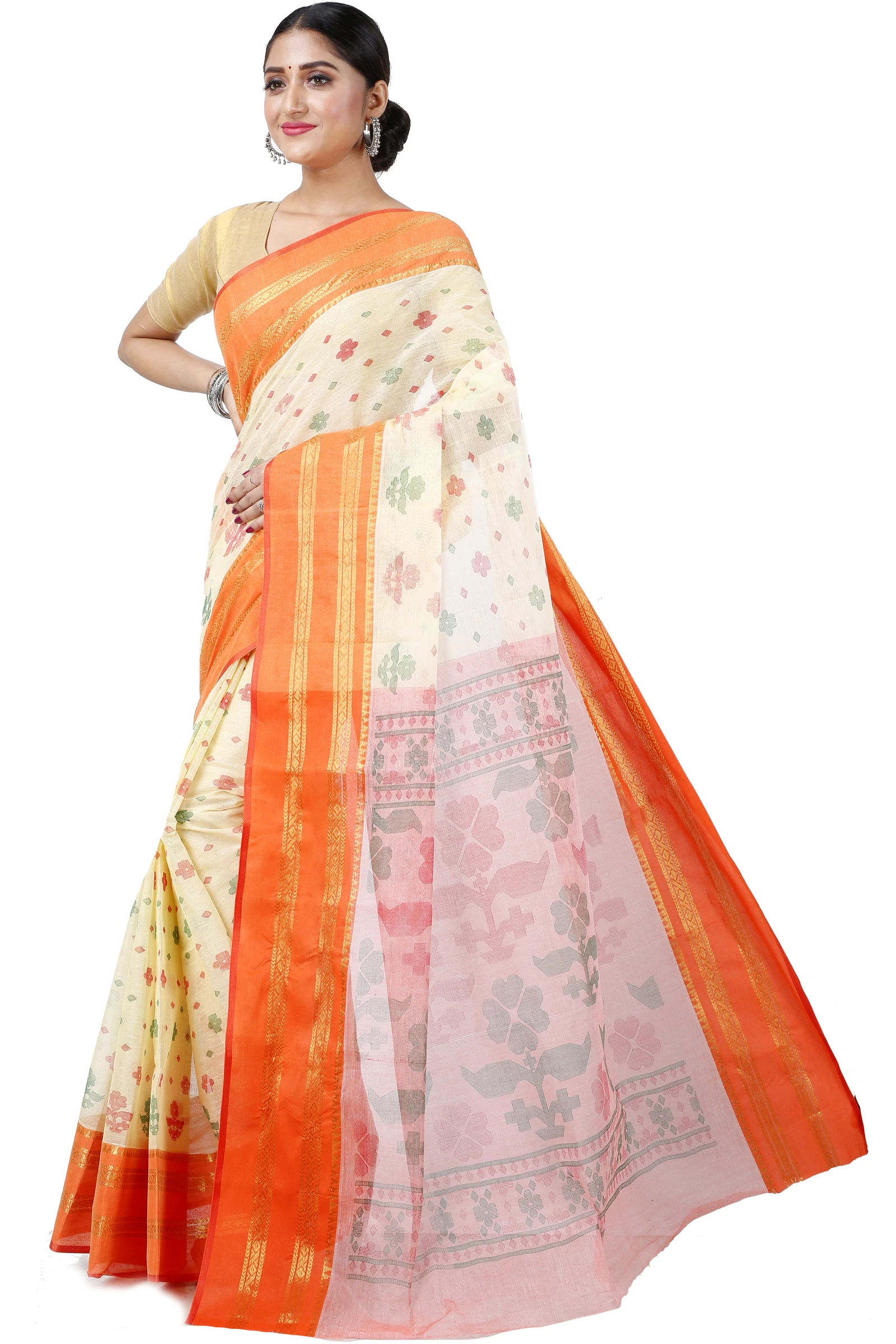 Orange Pure Cotton FullBall Print Tant Saree Print (432)