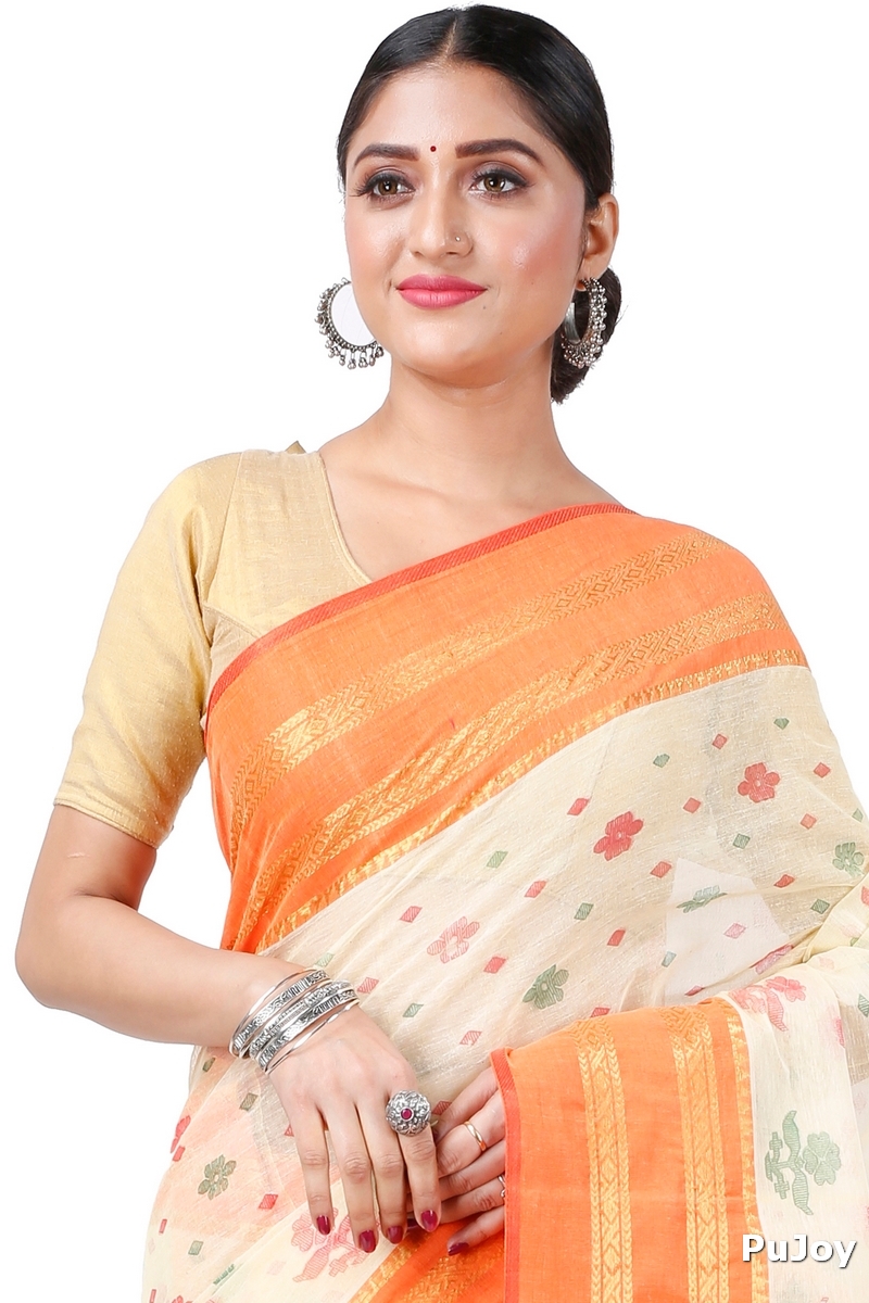 Orange Pure Cotton FullBall Print Tant Saree Print (432)