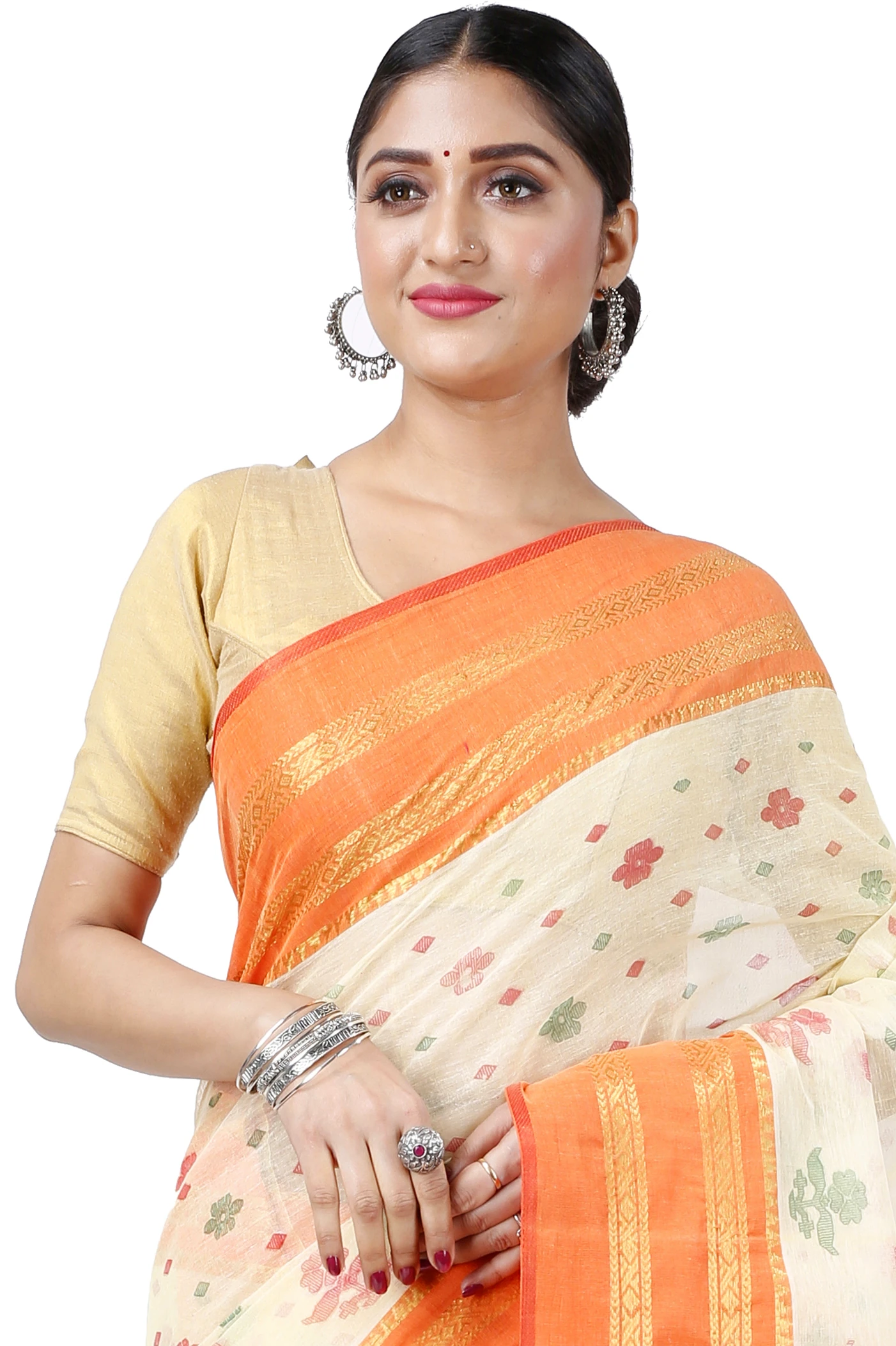 Orange Pure Cotton FullBall Print Tant Saree Print (432)