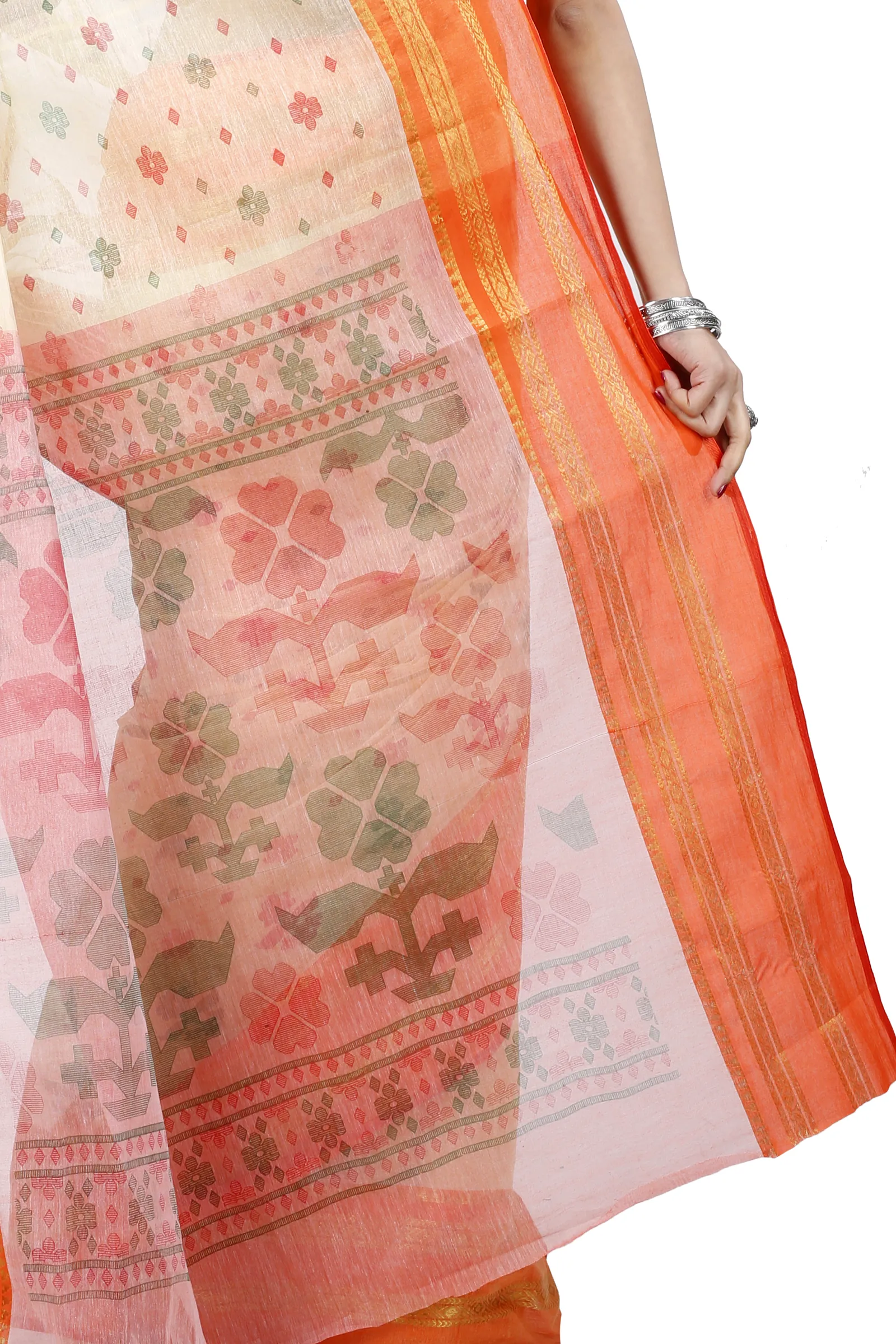 Orange Pure Cotton FullBall Print Tant Saree Print (432)