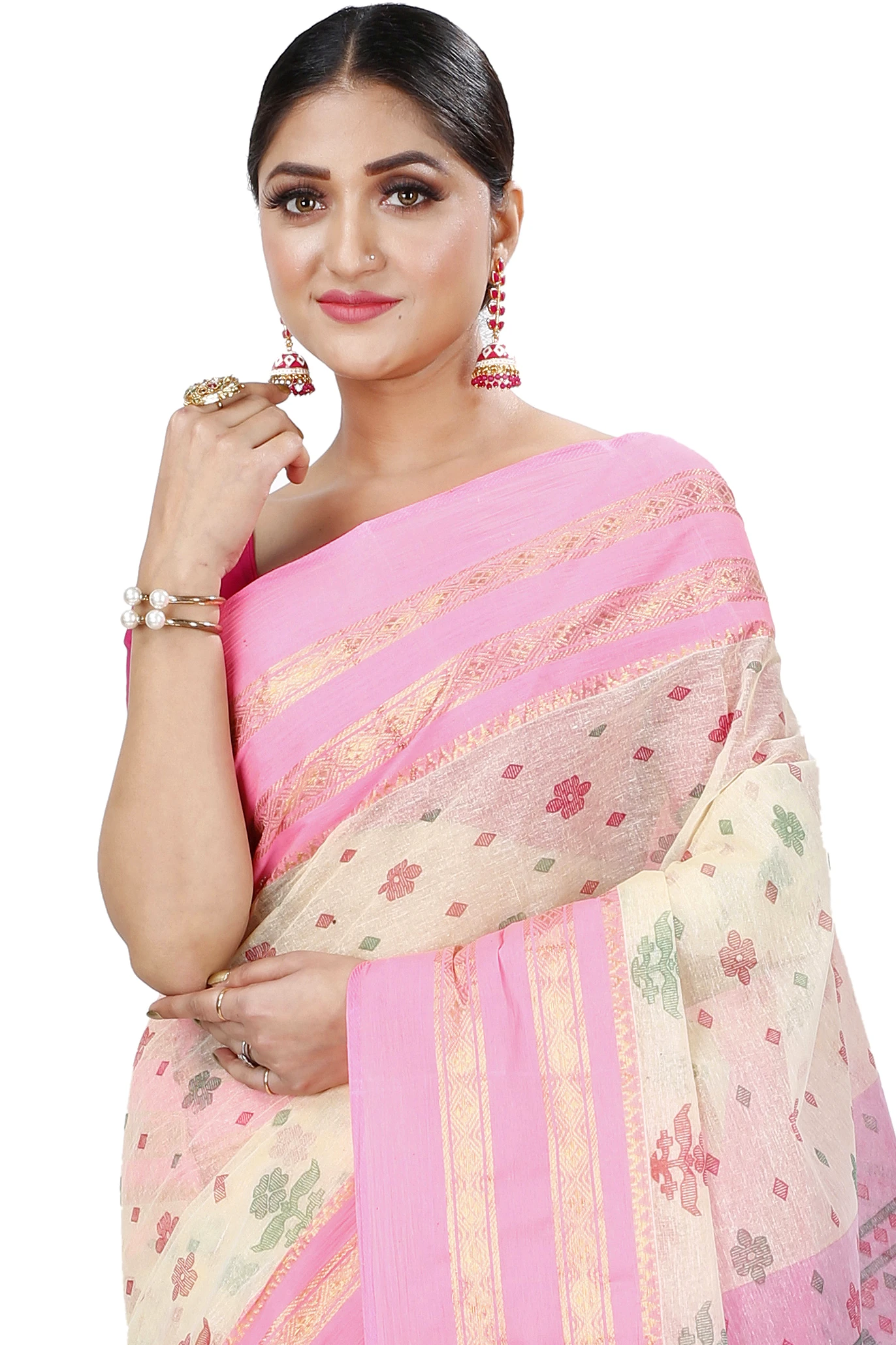Pink Pure Cotton FullBall Print Tant Saree Print (433)