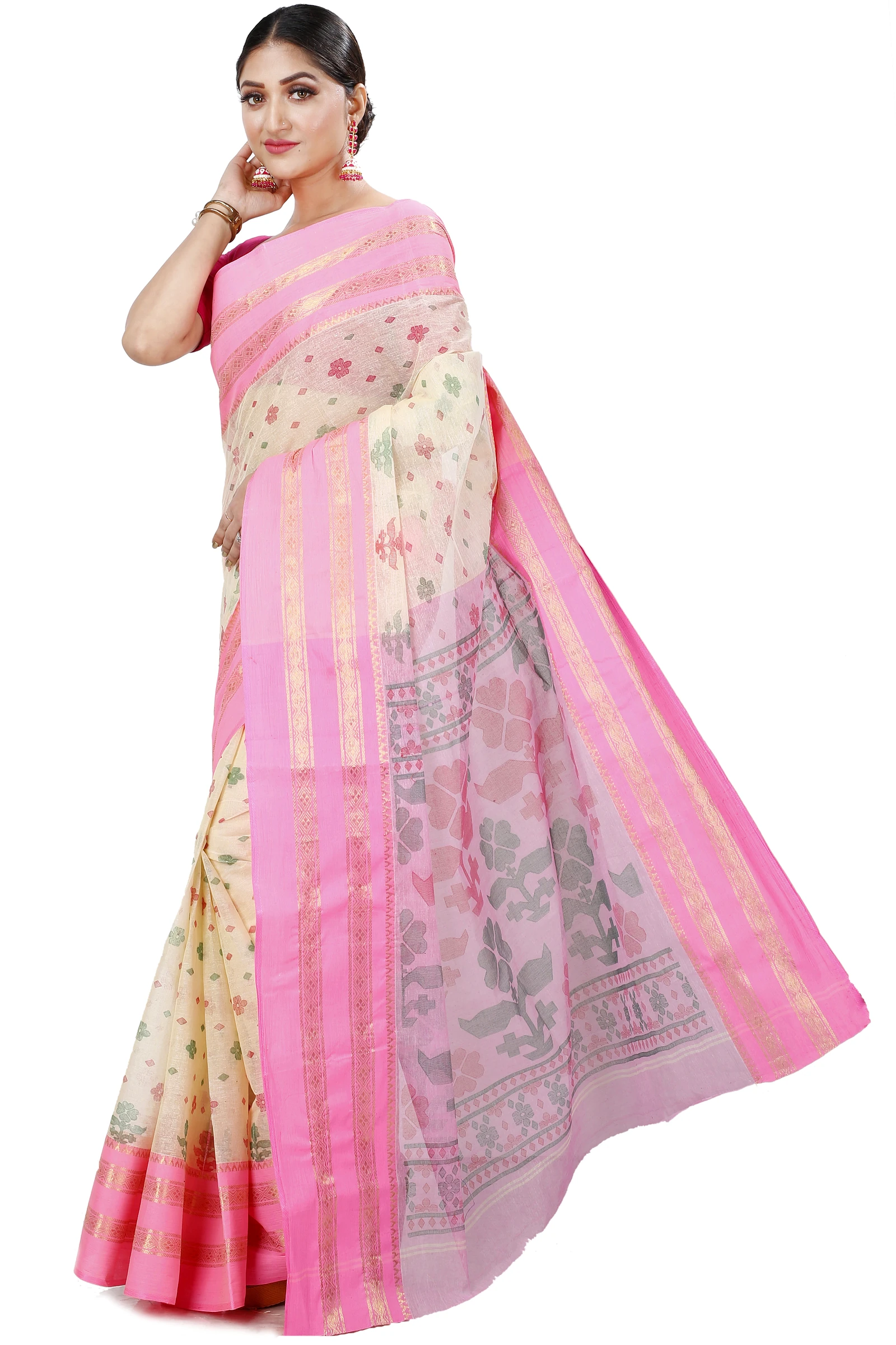 Pink Pure Cotton FullBall Print Tant Saree Print (433)