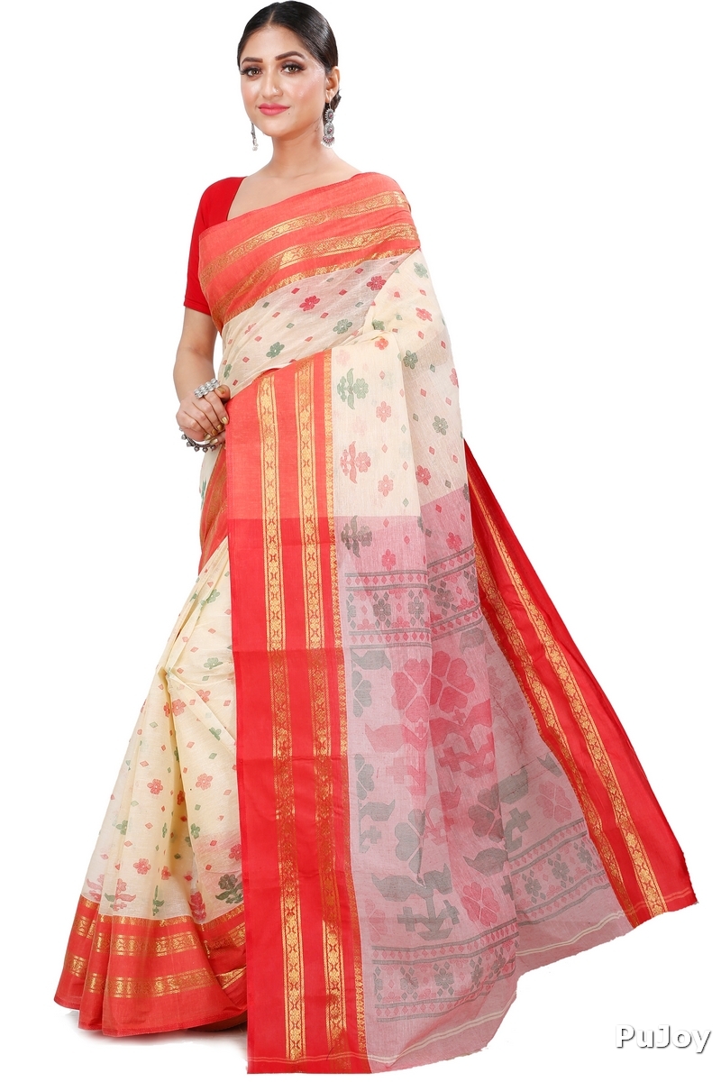 Red Pure Cotton FullBall Print Tant Saree Print (434)