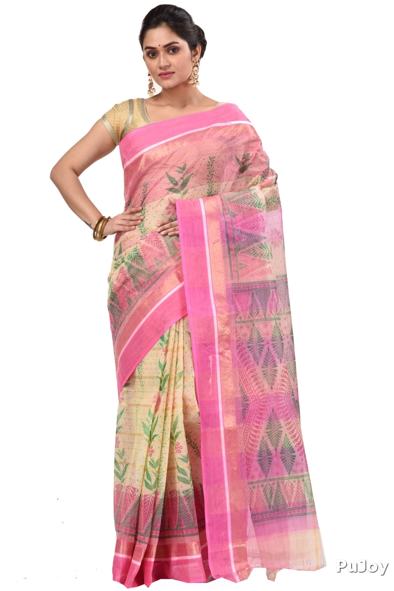 Pink Pure Cotton Lata Pata Tant Saree Print (435)