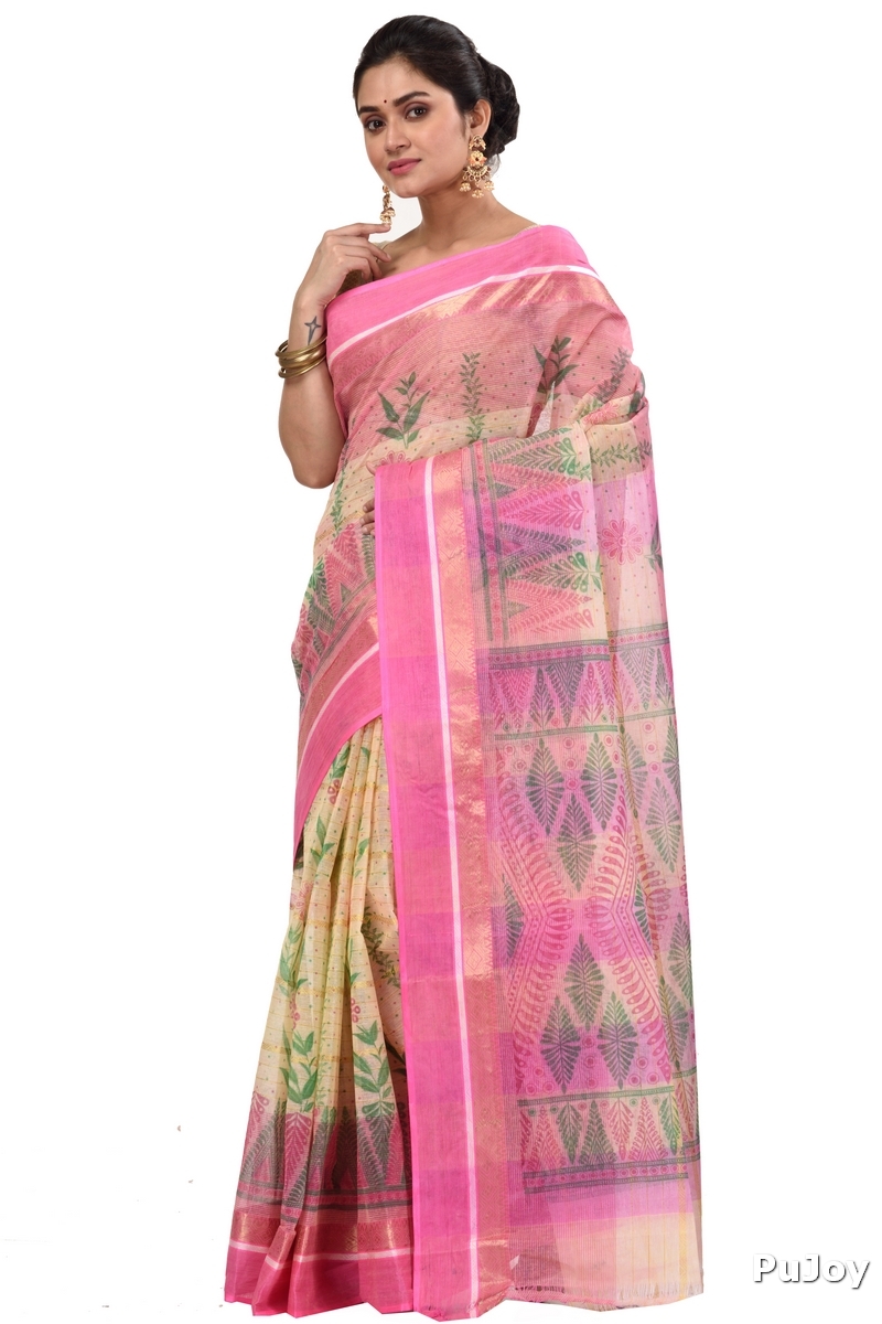 Pink Pure Cotton Lata Pata Tant Saree Print (435)