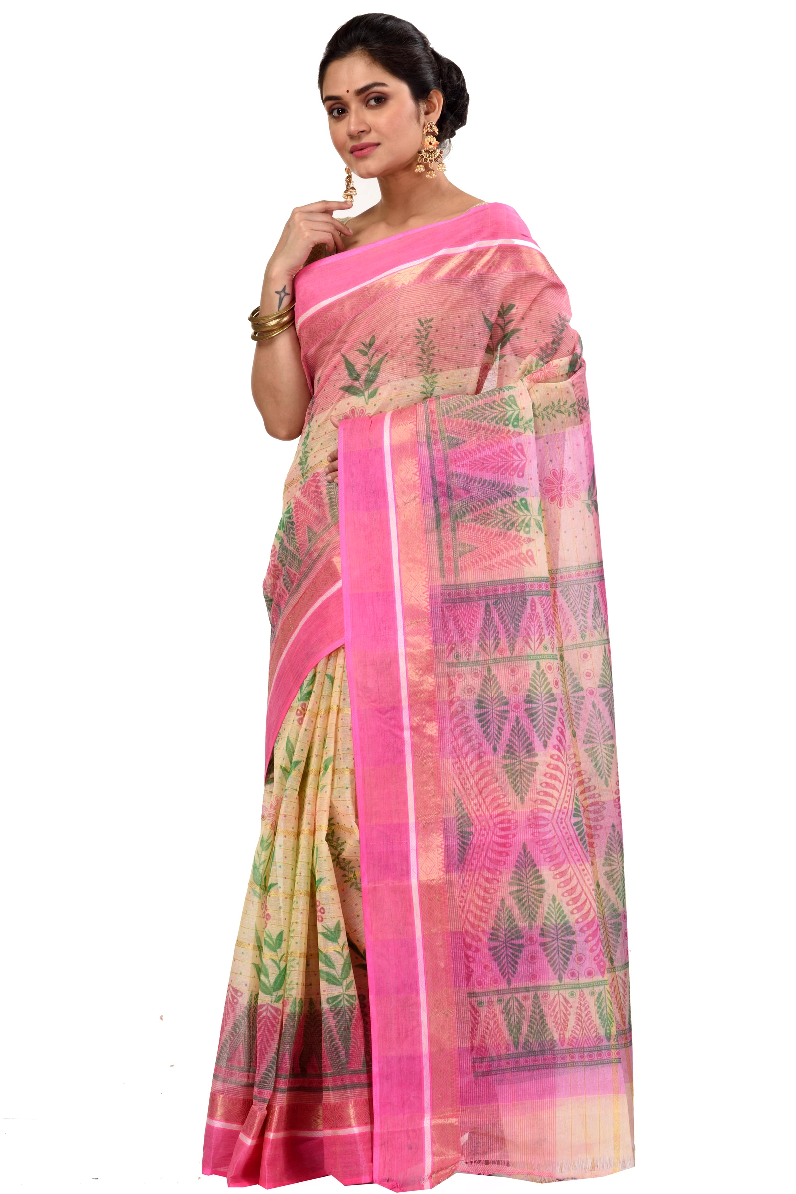 Pink Pure Cotton Lata Pata Tant Saree Print (435)