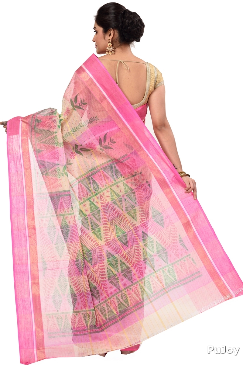 Pink Pure Cotton Lata Pata Tant Saree Print (435)