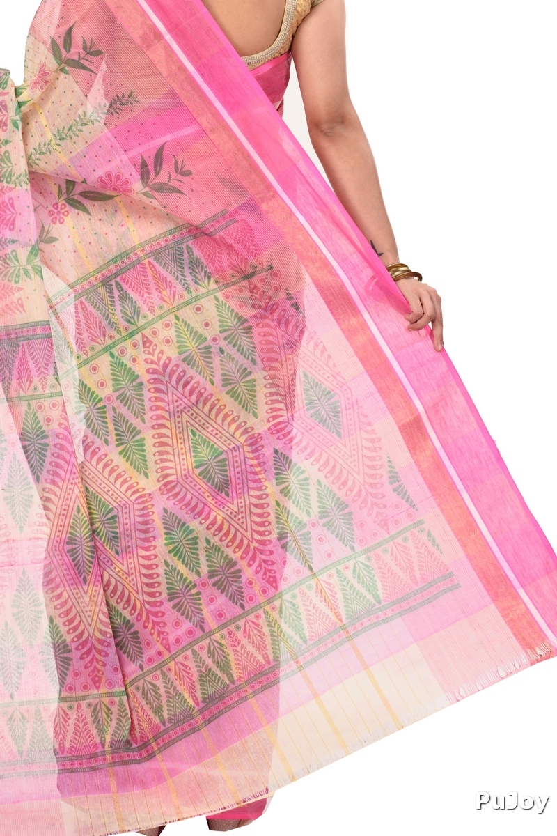 Pink Pure Cotton Lata Pata Tant Saree Print (435)
