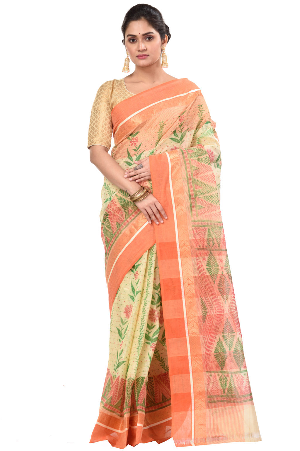 Orange Pure Cotton Lata Pata Tant Saree Print (436)