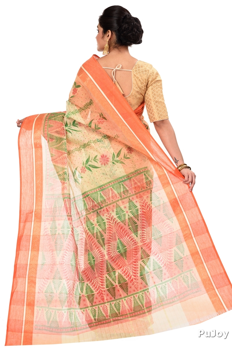 Orange Pure Cotton Lata Pata Tant Saree Print (436)