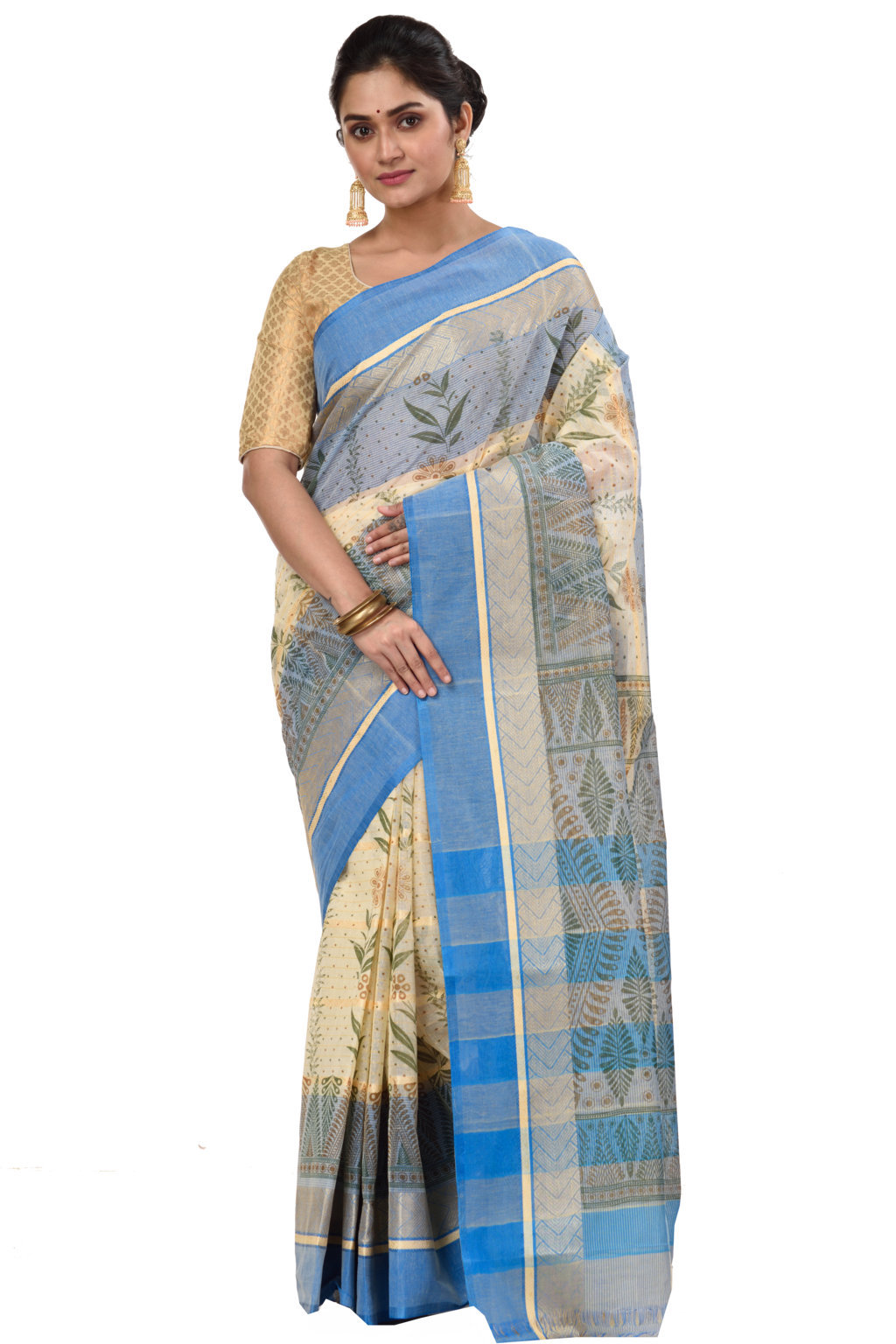 Blue Pure Cotton Lata Pata Tant Saree Print (437)