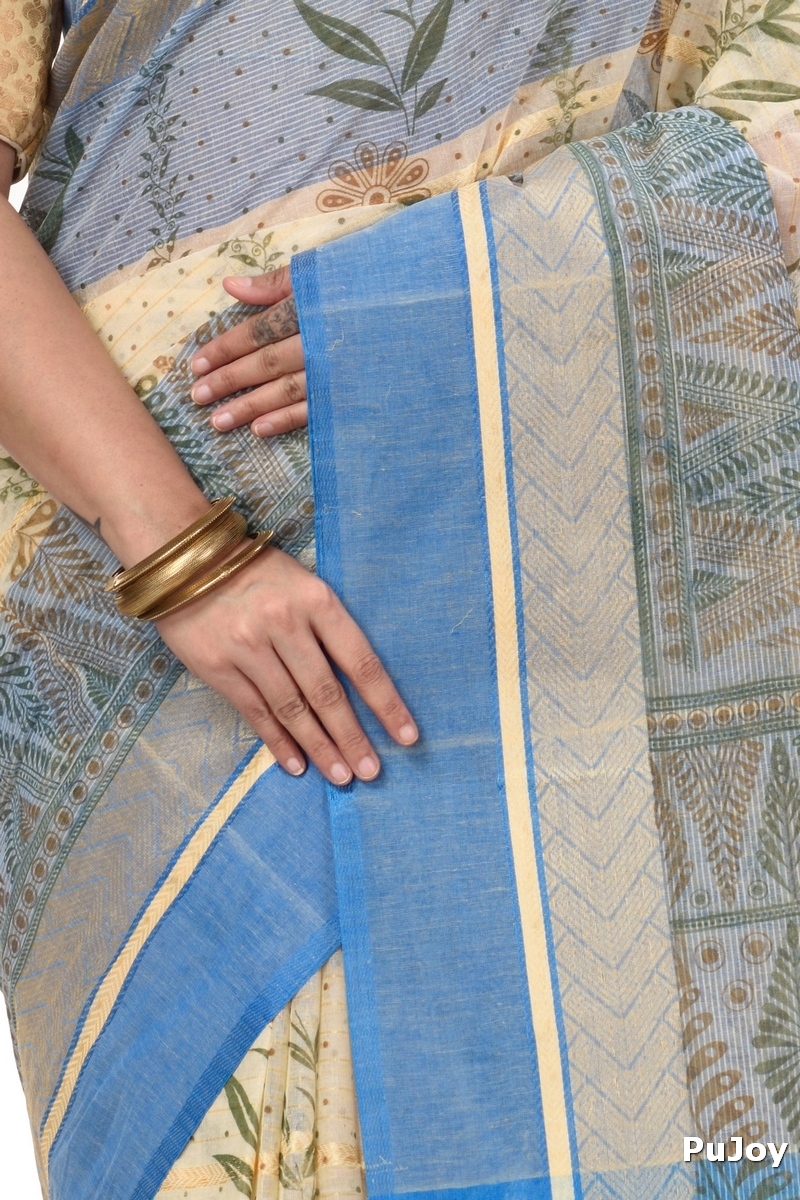 Blue Pure Cotton Lata Pata Tant Saree Print (437)