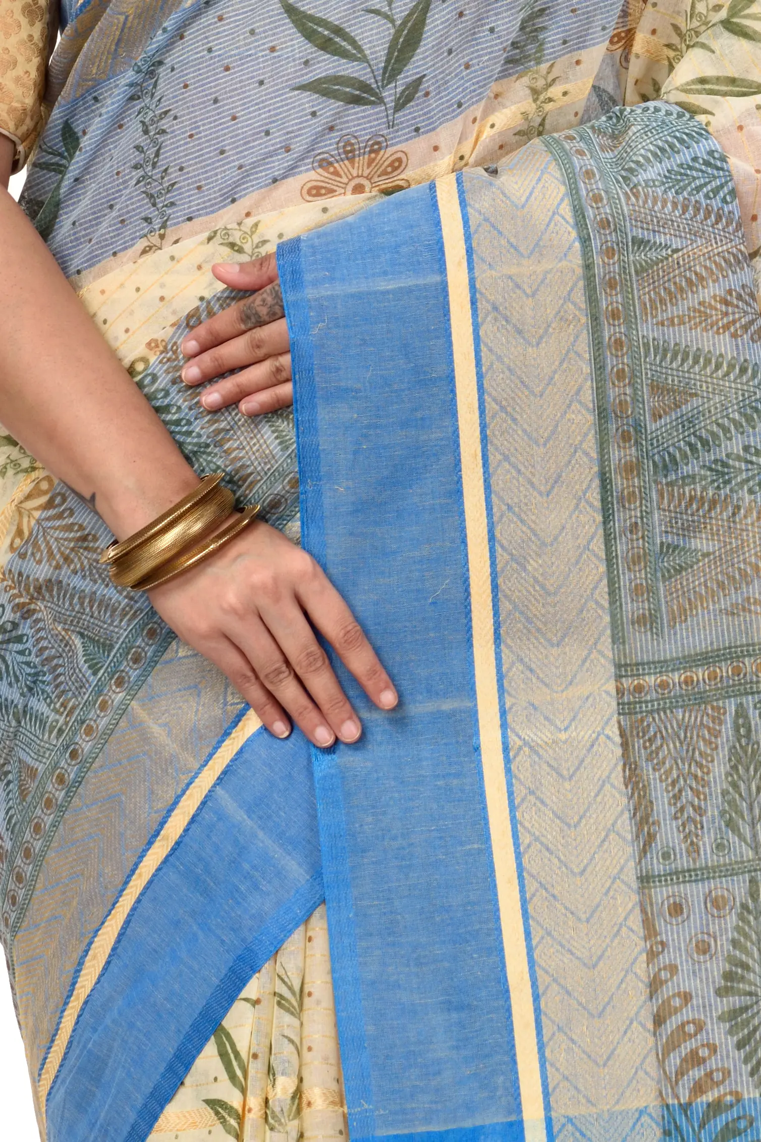 Blue Pure Cotton Lata Pata Tant Saree Print (437)