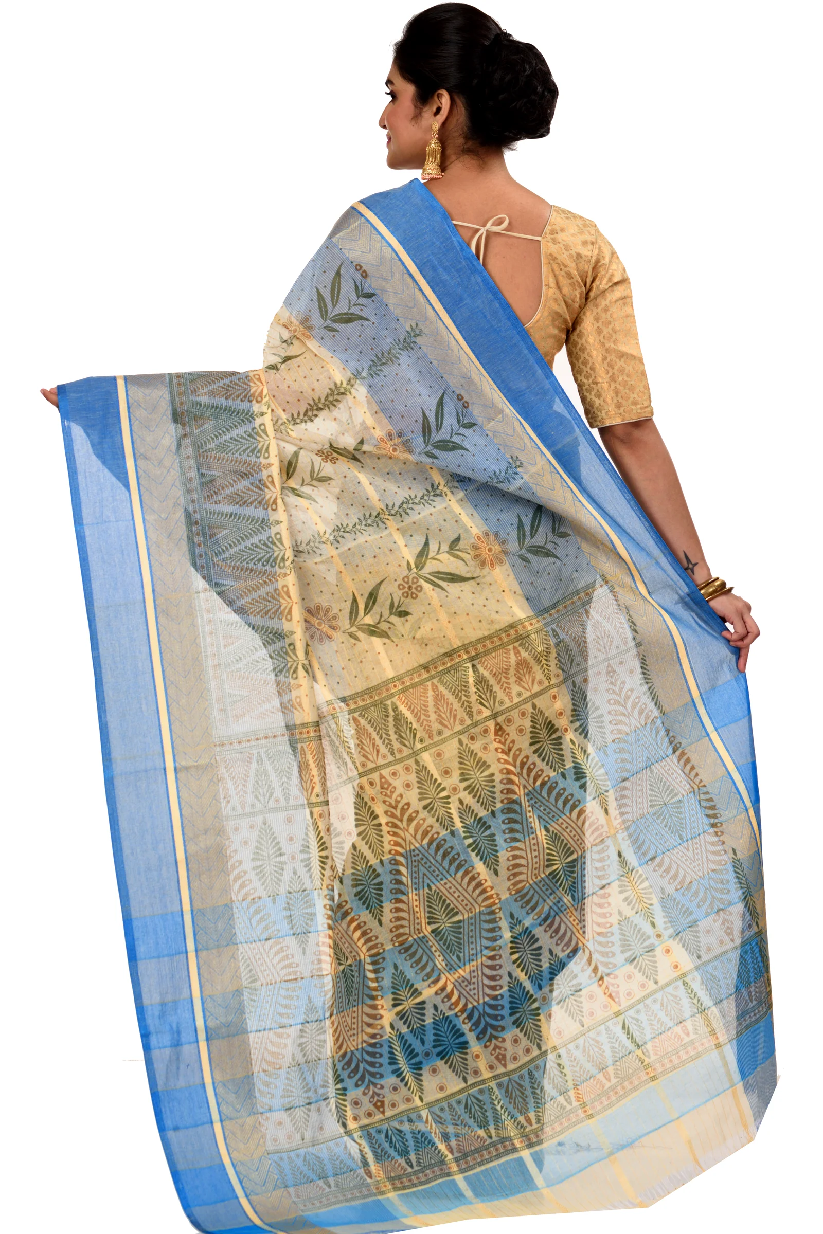 Blue Pure Cotton Lata Pata Tant Saree Print (437)