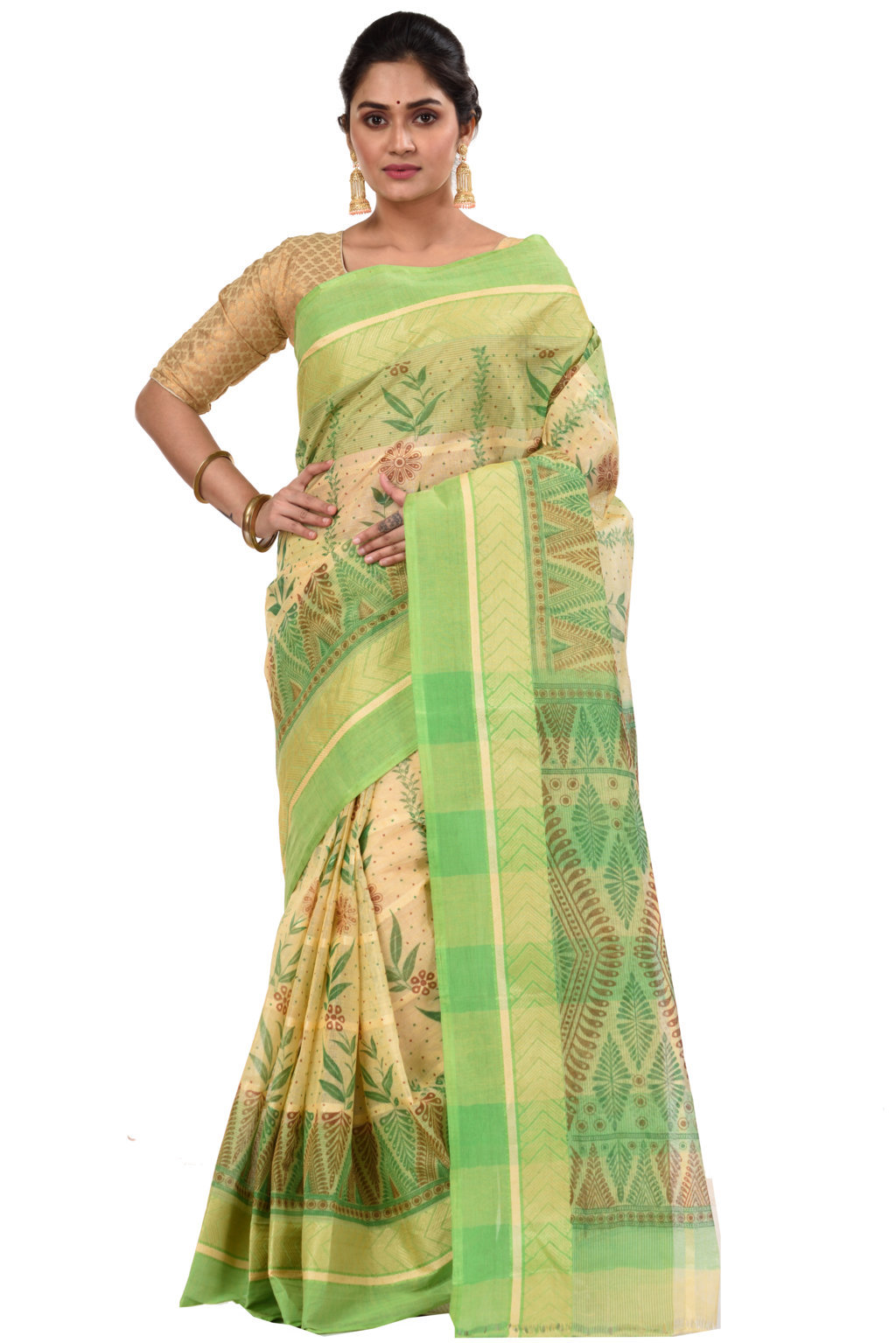Green Pure Cotton Lata Pata Tant Saree Print (438)