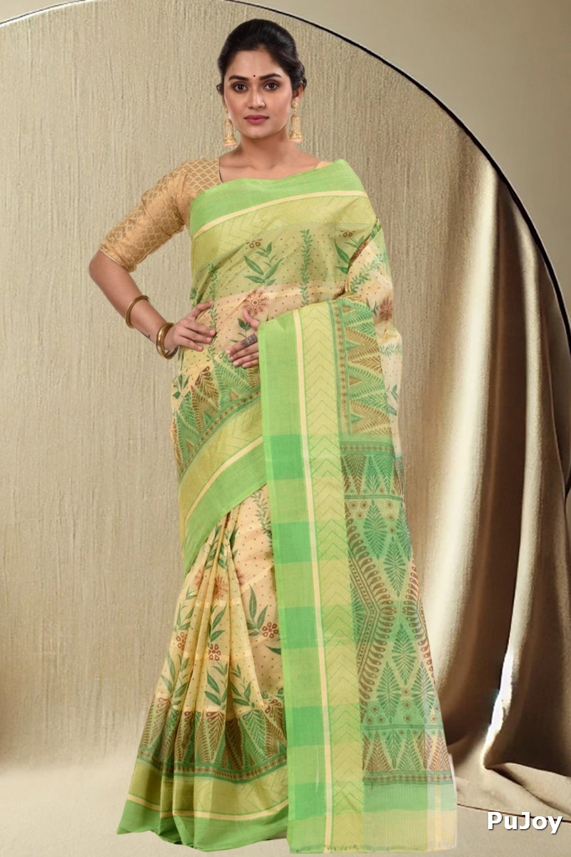 Green Pure Cotton Lata Pata Tant Saree Print (438)