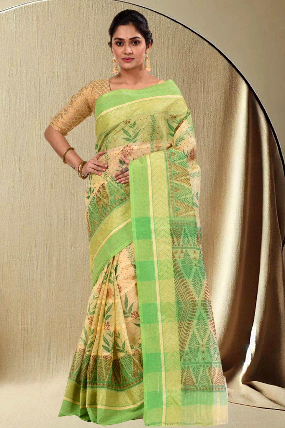 Green Pure Cotton Lata Pata Tant Saree Print (438)