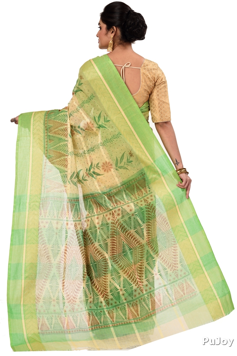 Green Pure Cotton Lata Pata Tant Saree Print (438)